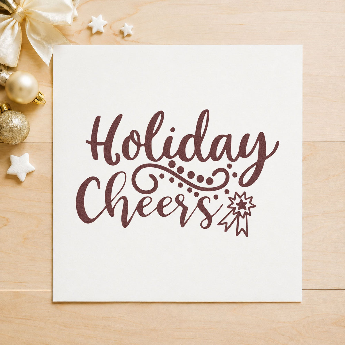 Holiday Cheers Starburst Flourish rubber stamp printed in brown ink, ready for guest count sheet and similar paper crafts.