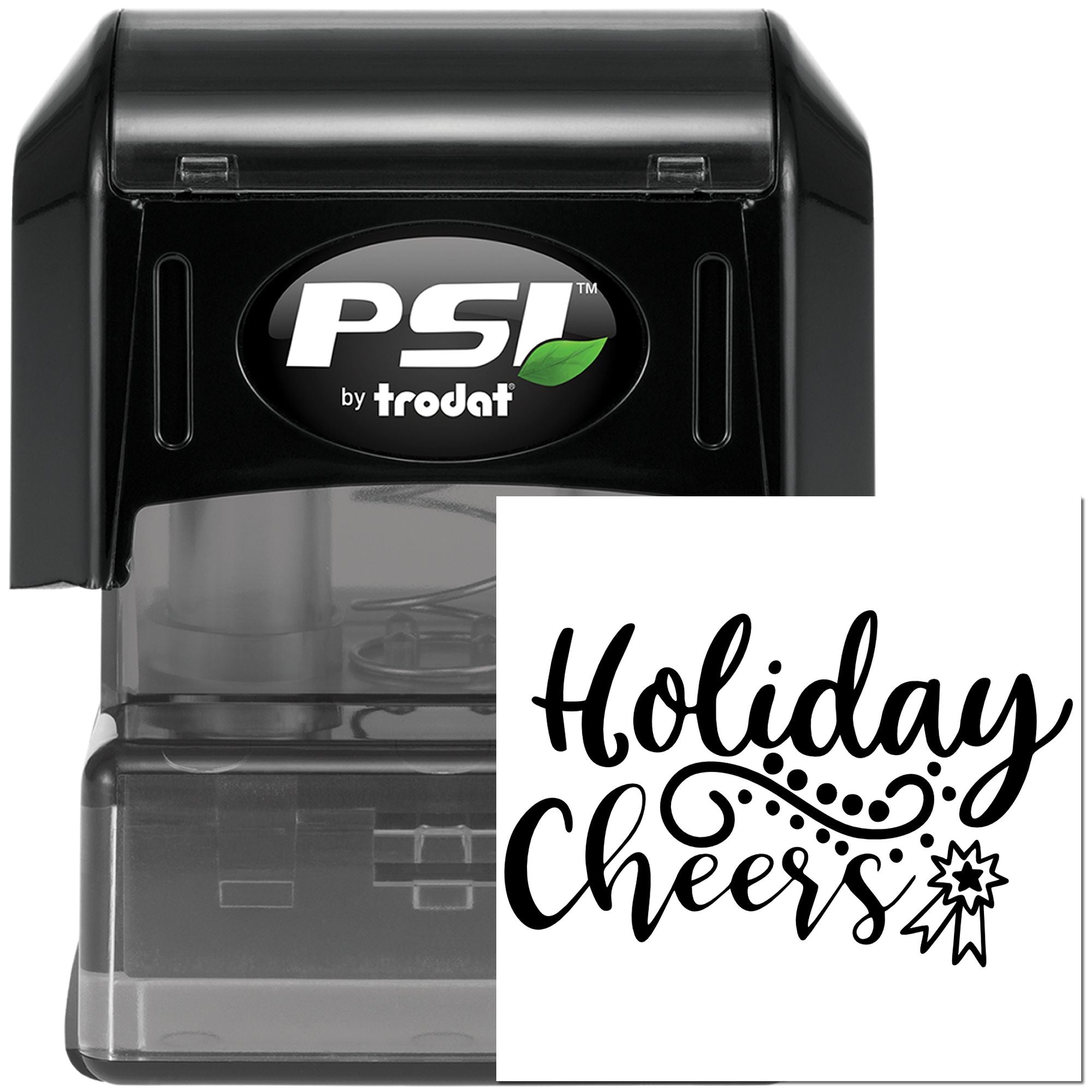 PSI by Trodat self-inking rubber stamp with custom Holiday Cheers design for festive cards and gift packaging.