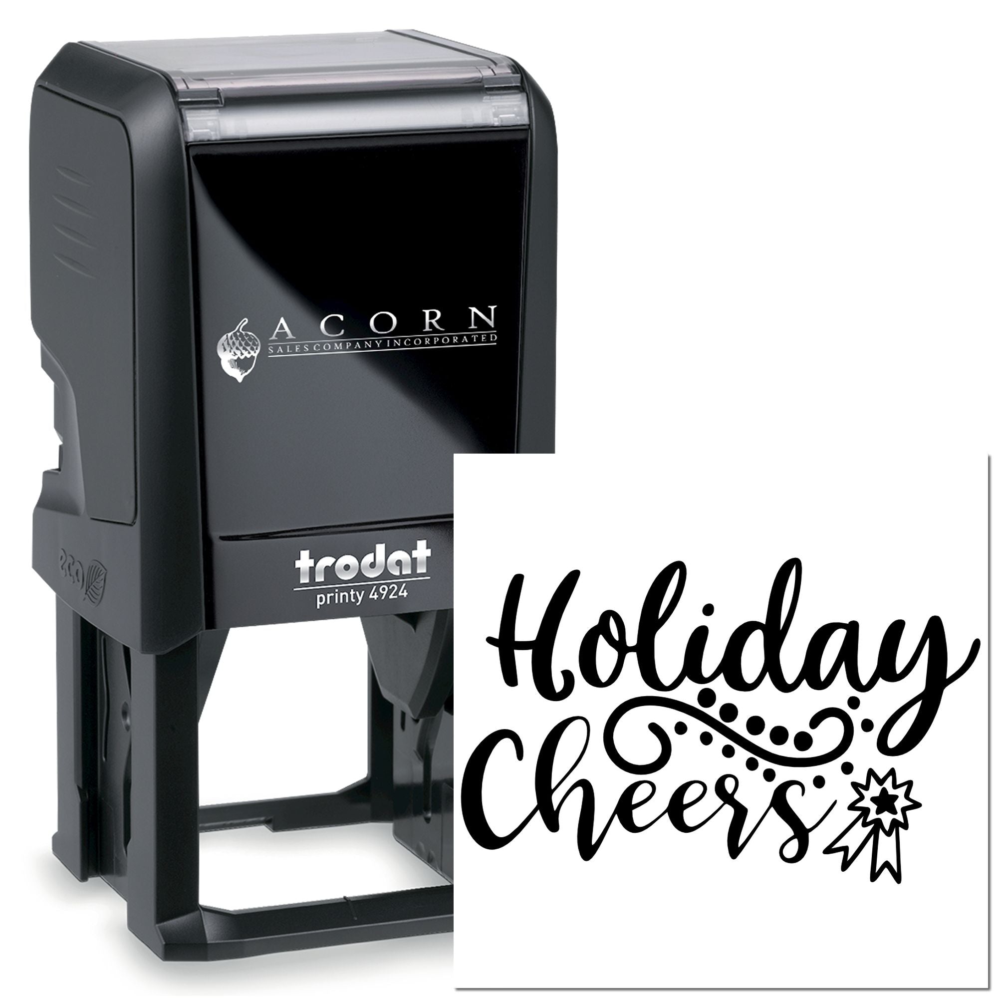 Holiday Cheers custom rubber stamp, Trodat Printy 4924 self-inking stamp for festive cards and packaging.