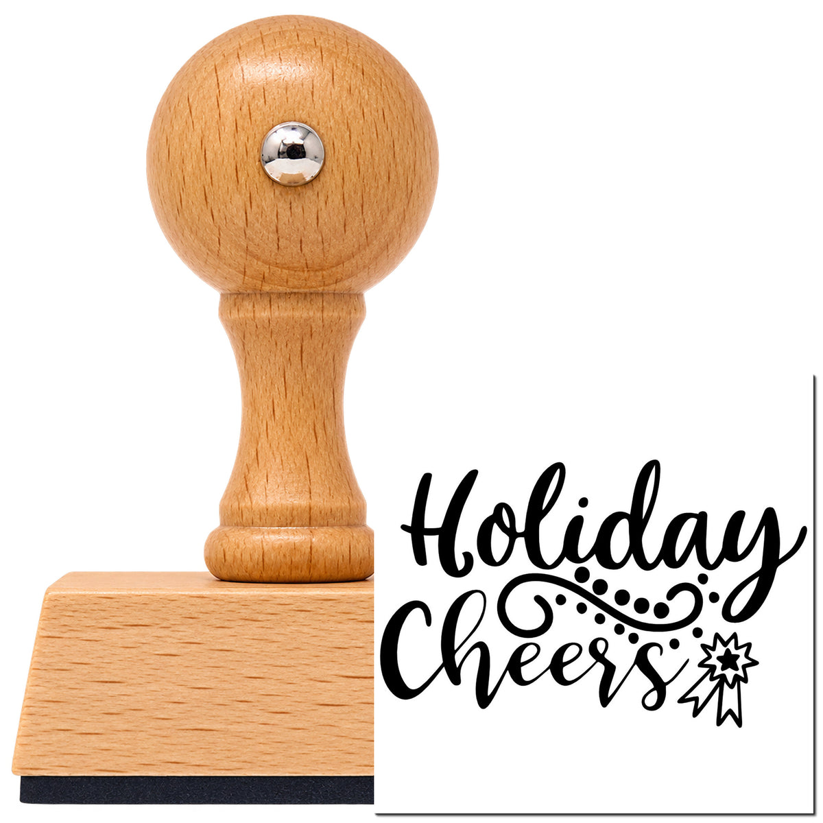 Holiday Cheers Starburst Flourish Vintage Pro rubber stamp in European beech wood with a round knob handle, shown beside its black imprint.