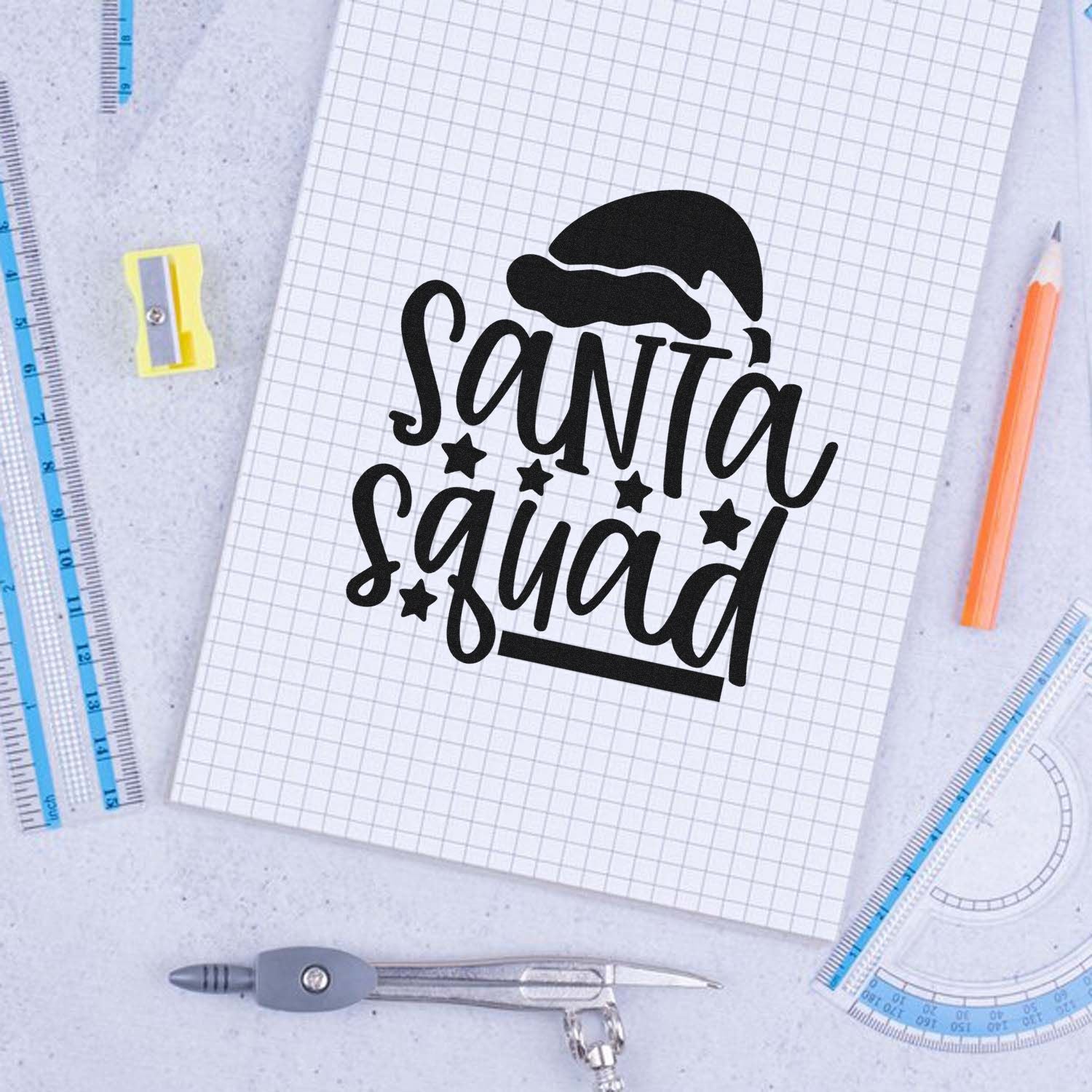 Santa Squad rubber stamp design with Santa hat, perfect for Christmas crafts, planners, and holiday card making.