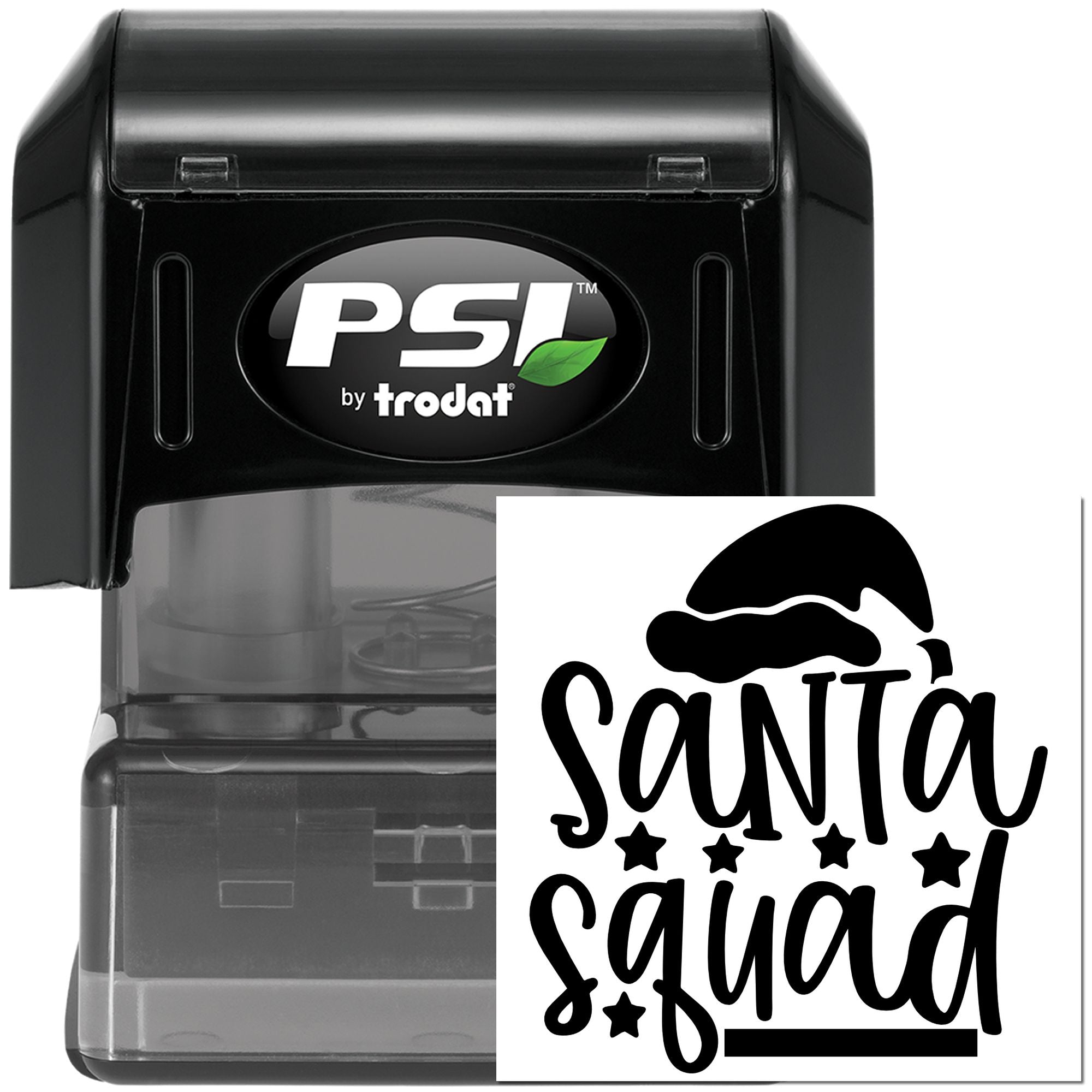 PSI by Trodat self-inking rubber stamp with custom Santa Squad holiday design for festive crafting and business branding.