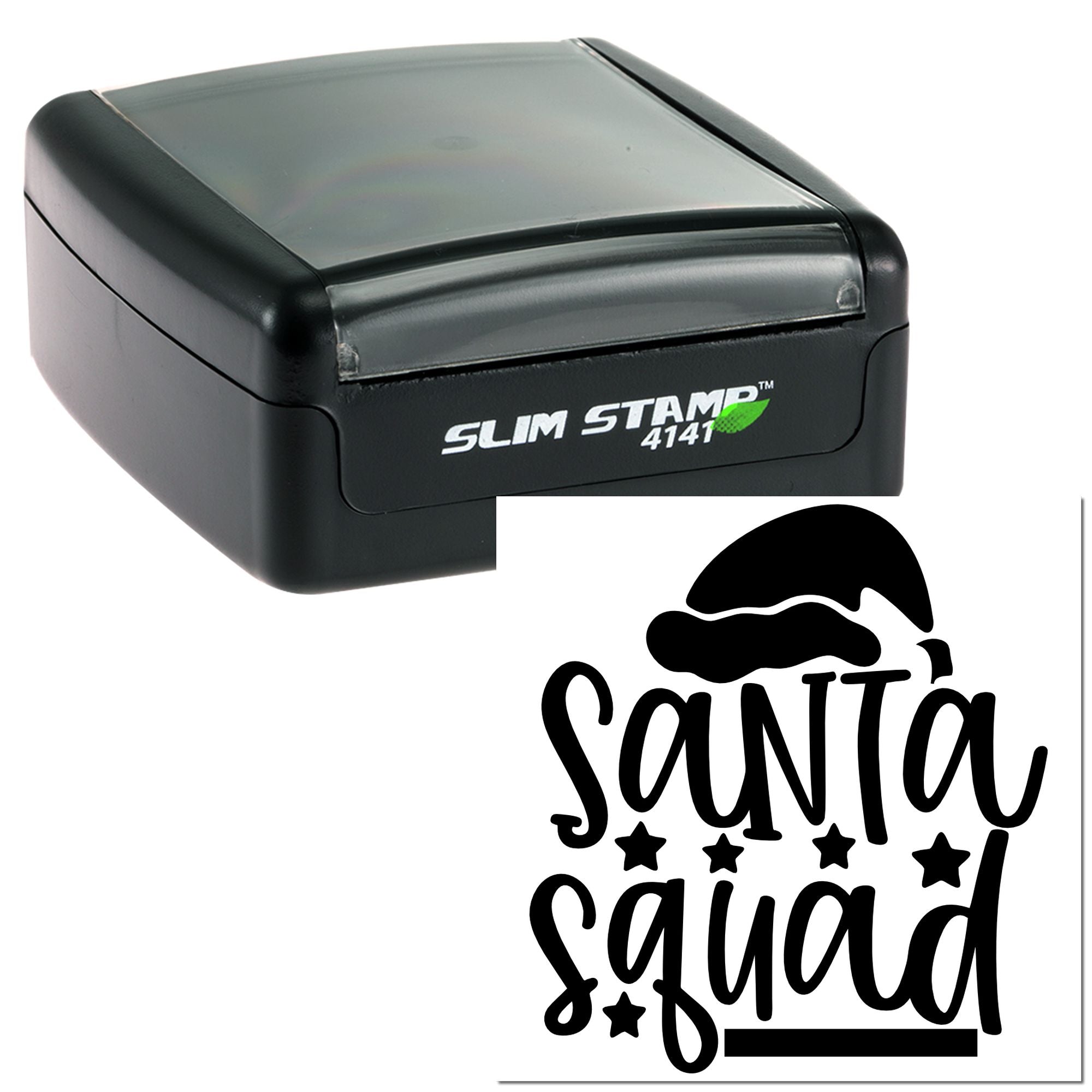 Custom self-inking rubber stamp with Santa Squad Christmas design for holiday cards, crafts, and festive packaging.