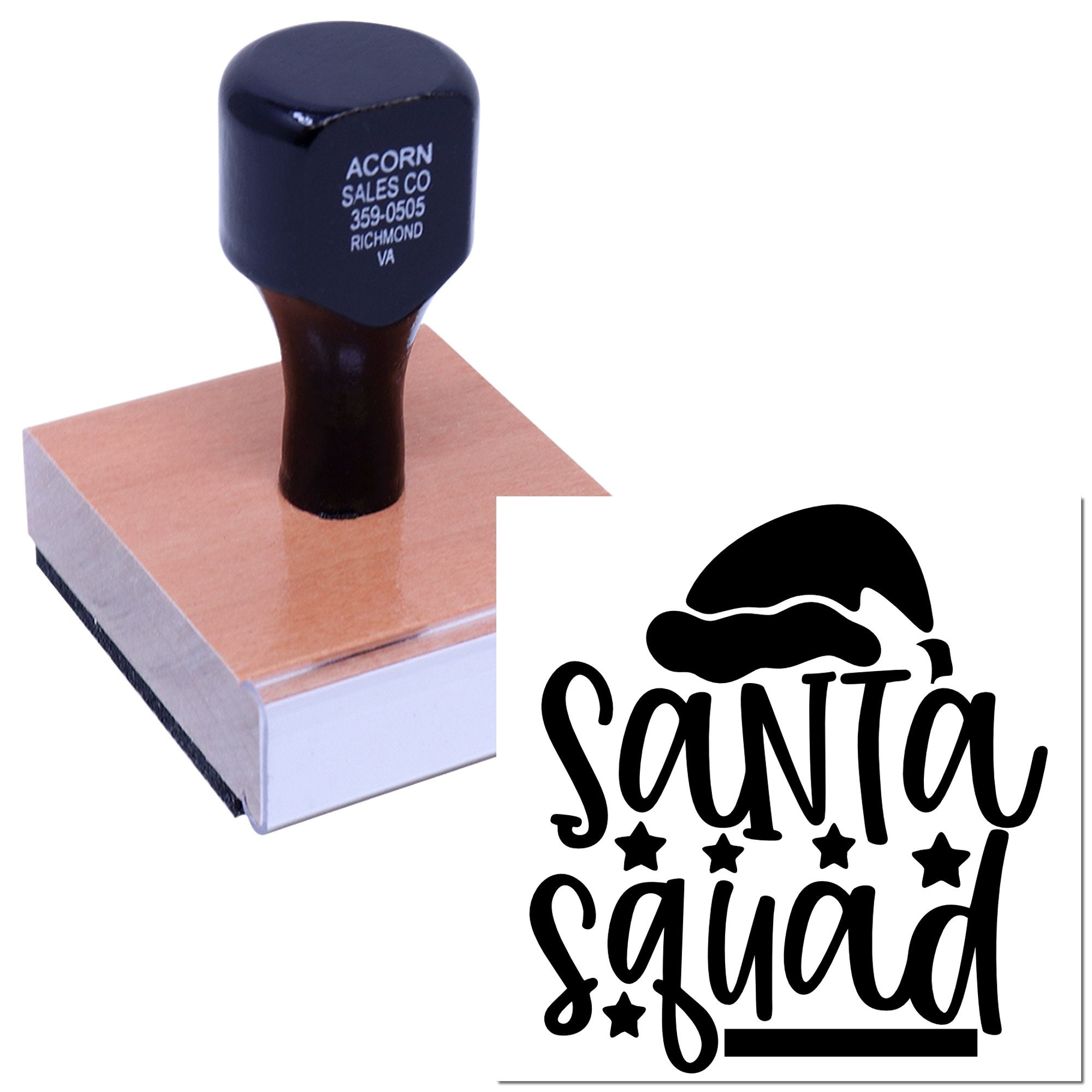 Custom Santa Squad rubber stamp with holiday logo, ideal for personalized festive packaging, crafts, and branding.