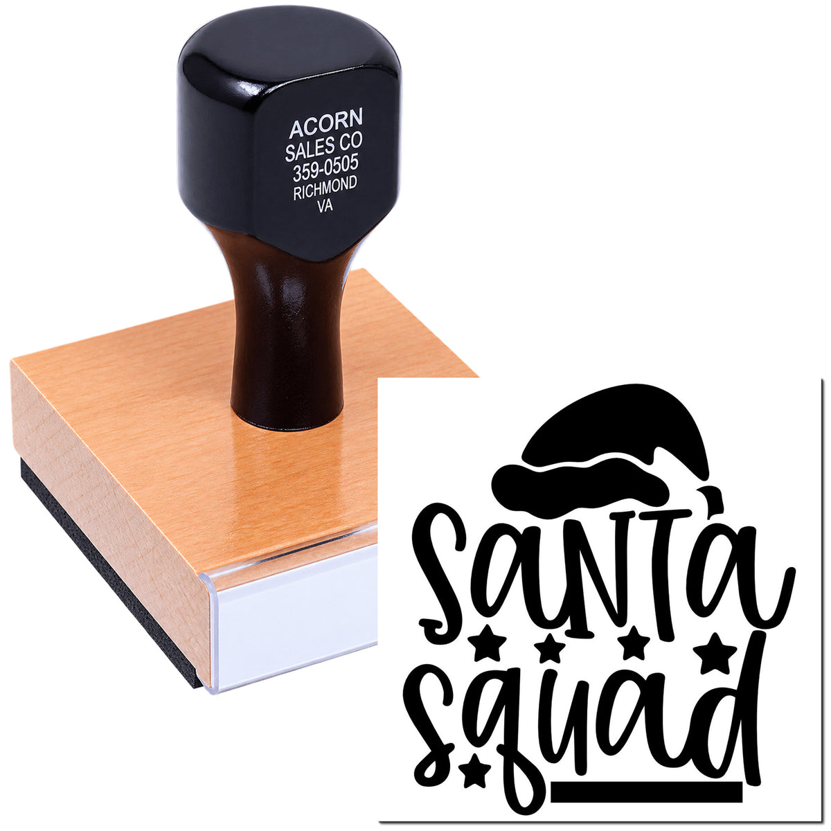 Custom Santa Squad rubber stamp with holiday logo, ideal for personalized festive packaging, crafts, and branding.