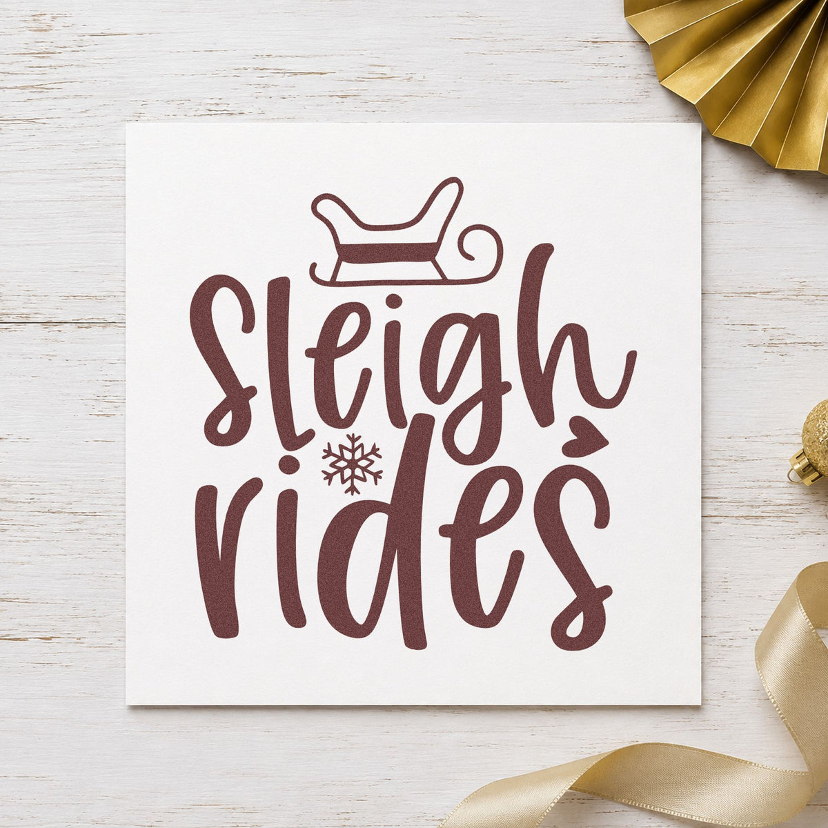 Sleigh Rides With Snowflake rubber stamp printed in brown ink, ready for activity menu sheet and similar paper crafts.