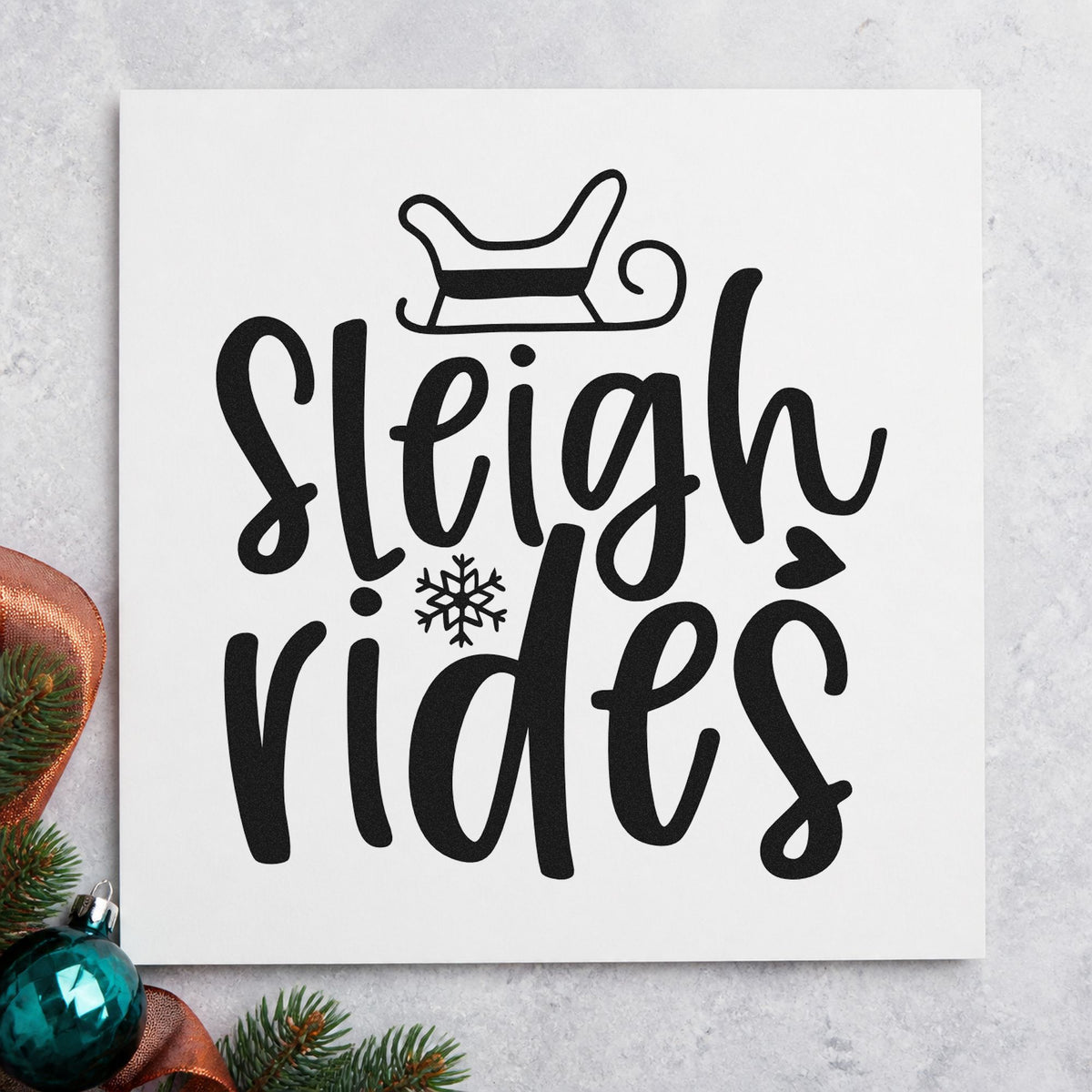 Sleigh Rides With Snowflake rubber stamp printed in black ink, ready for resort sleigh cards and similar paper crafts.