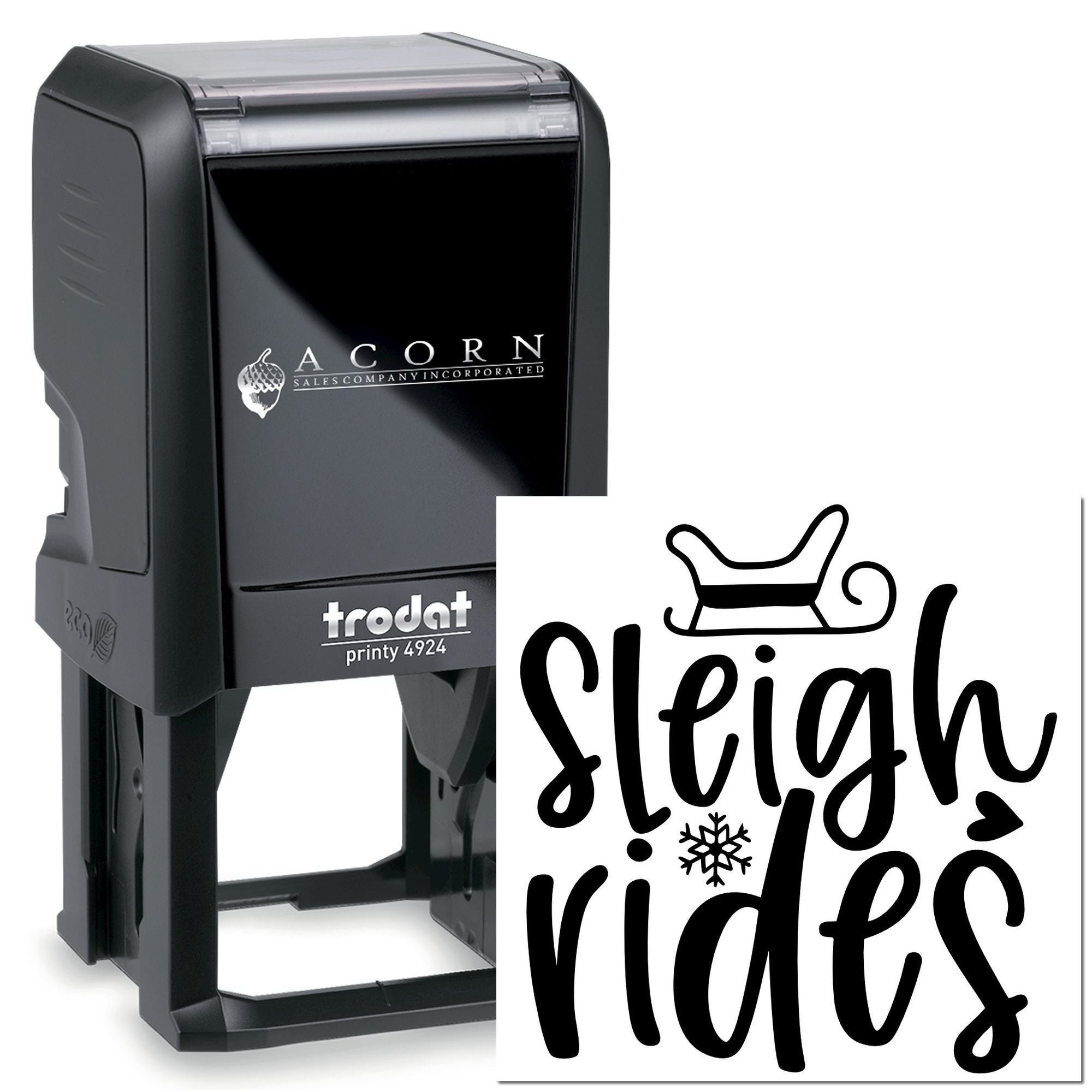 Custom self-inking rubber stamp Trodat Printy 4924 with Sleigh Rides holiday logo.