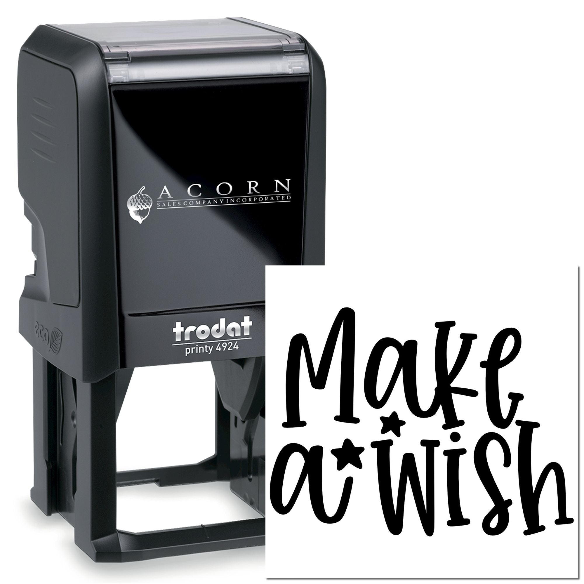 Custom self-inking rubber stamp, Trodat Printy 4924, with personalized logo and text imprint.