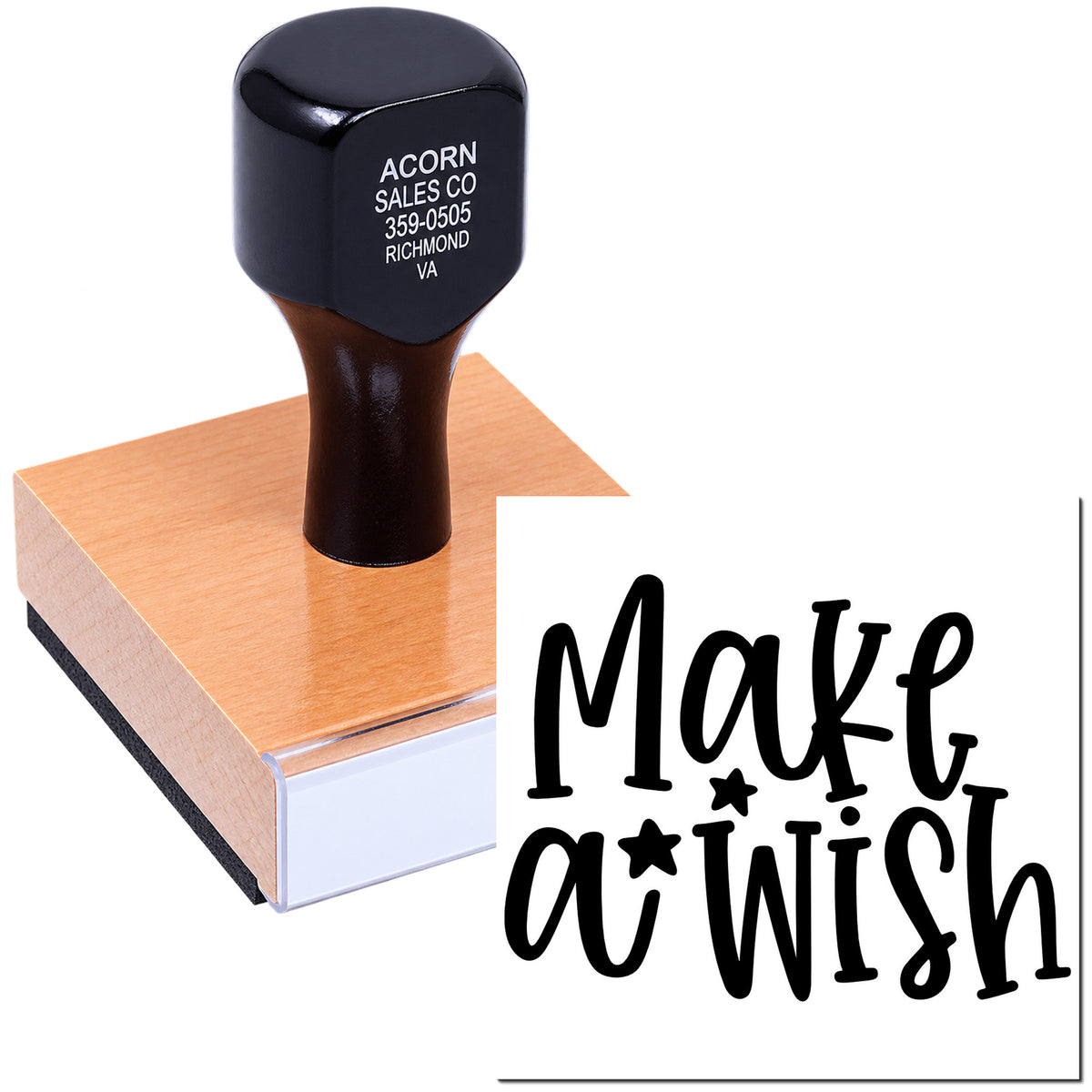 Custom wood handle rubber stamp with Make a Wish design for crafts, cards, and personalized stationery.