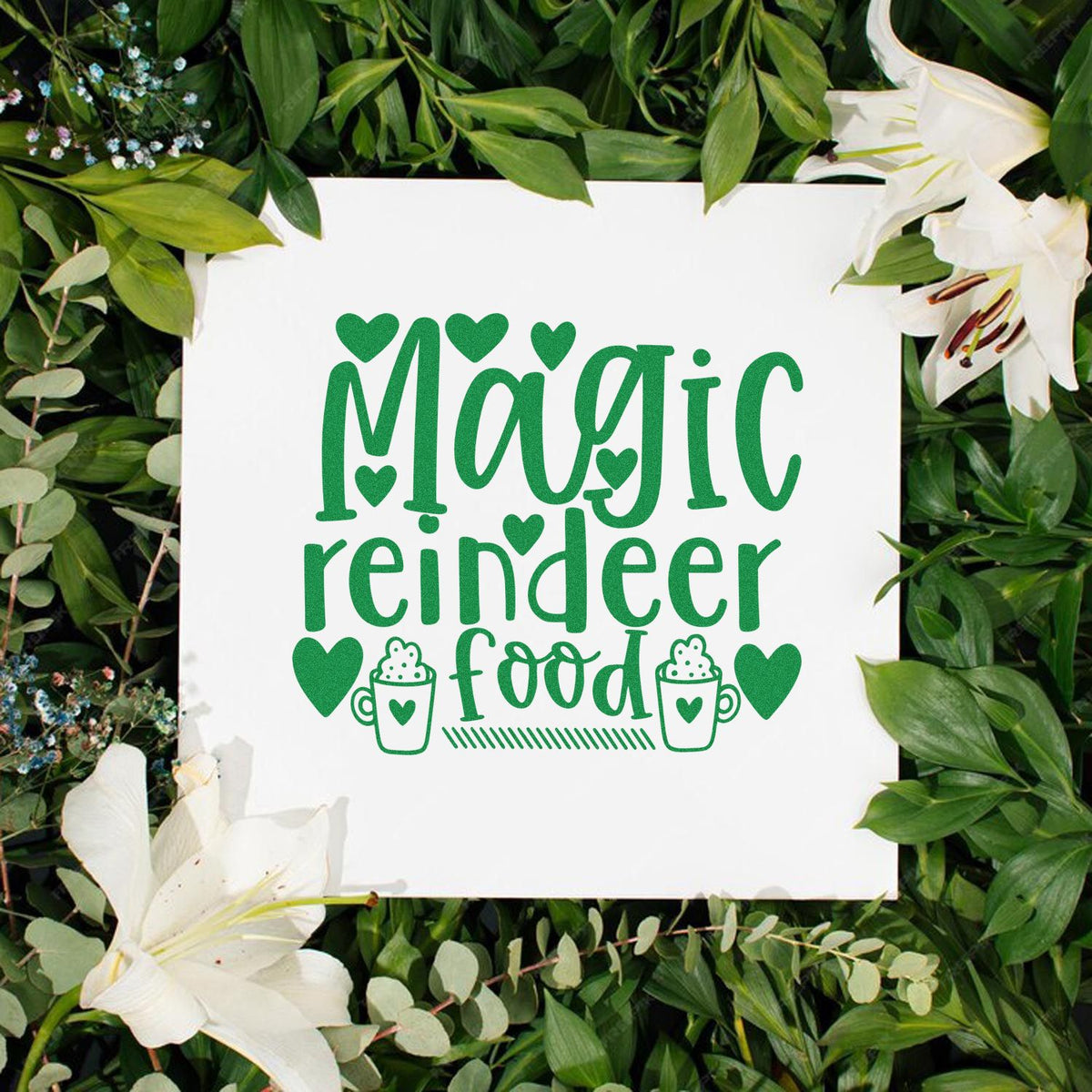 Magic Reindeer Food Hearts rubber stamp shown in green ink, stamped for projects such as party setup album.