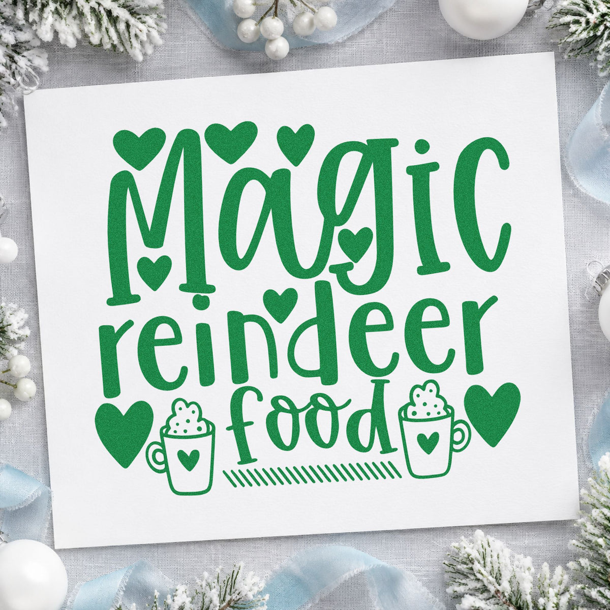 Magic Reindeer Food Hearts craft stamp imprint in green ink on a handmade project, one idea being serving cup tags.