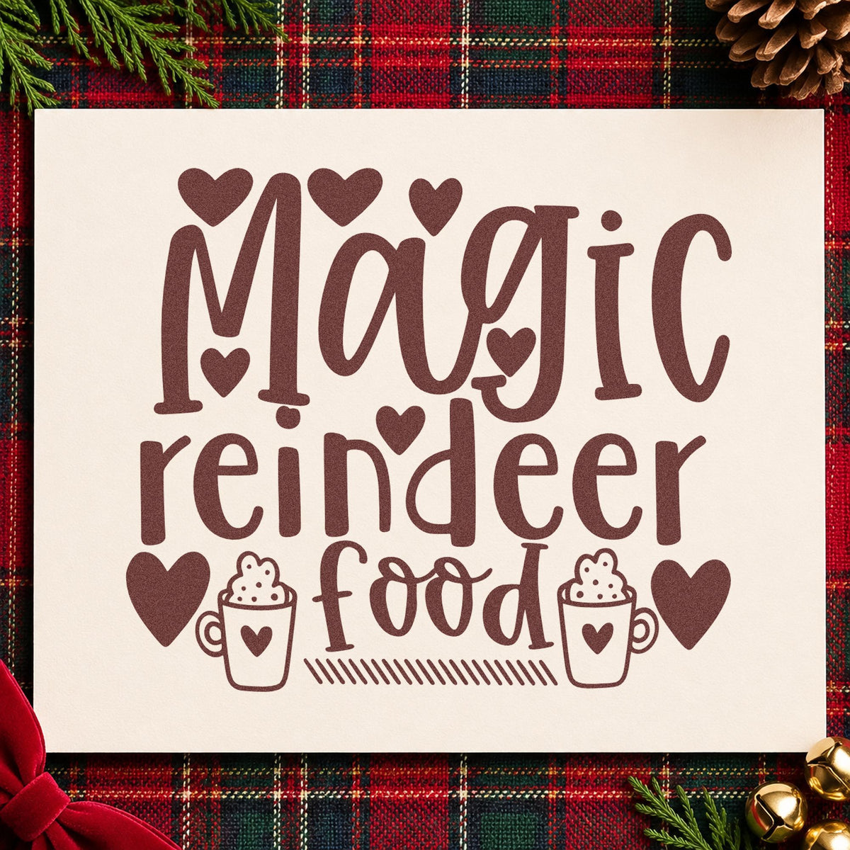 Magic Reindeer Food Hearts rubber stamp printed in brown ink, ready for supply prep sheet and similar paper crafts.
