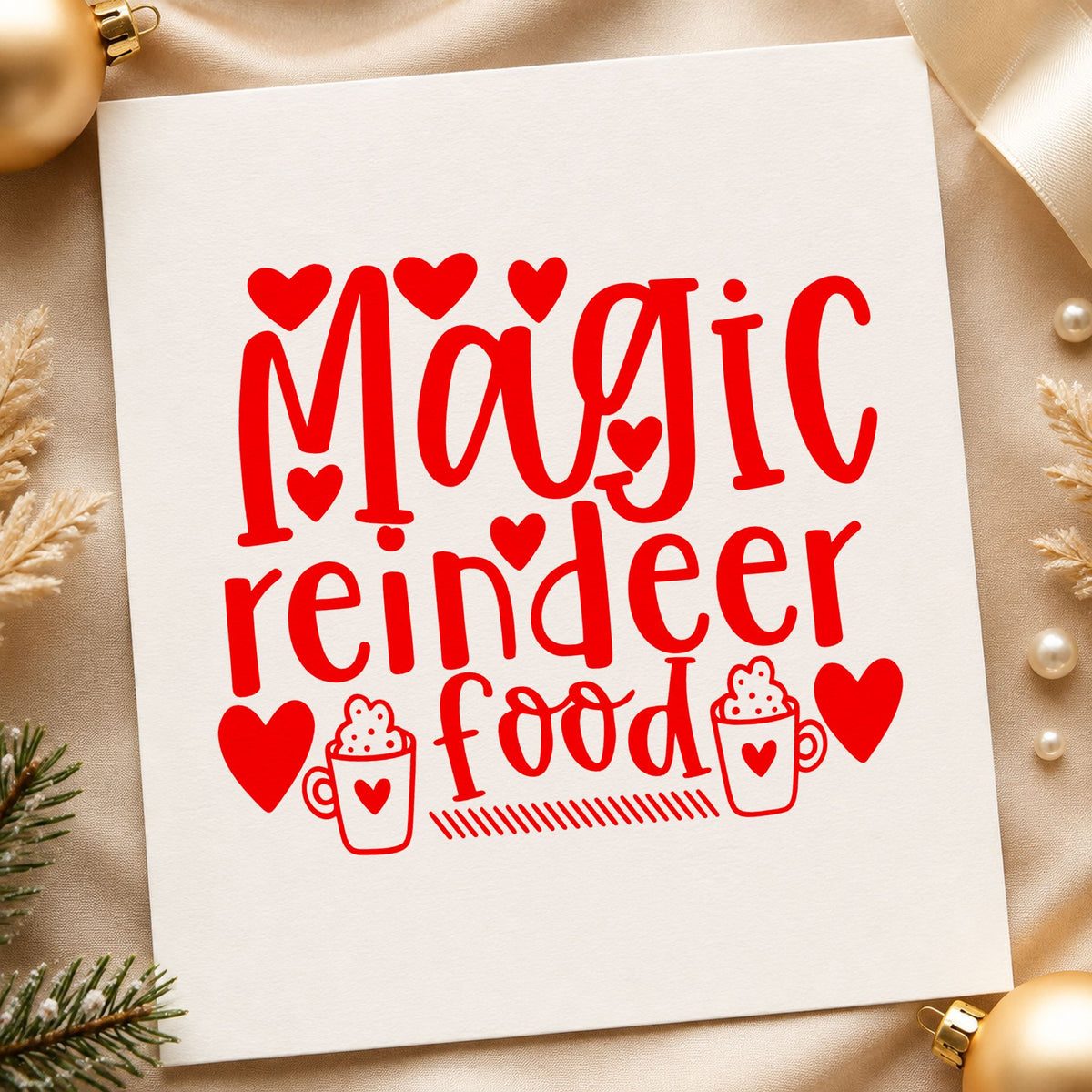 Magic Reindeer Food Hearts craft stamp in red ink on cardstock, an easy option for skirt panel printing.
