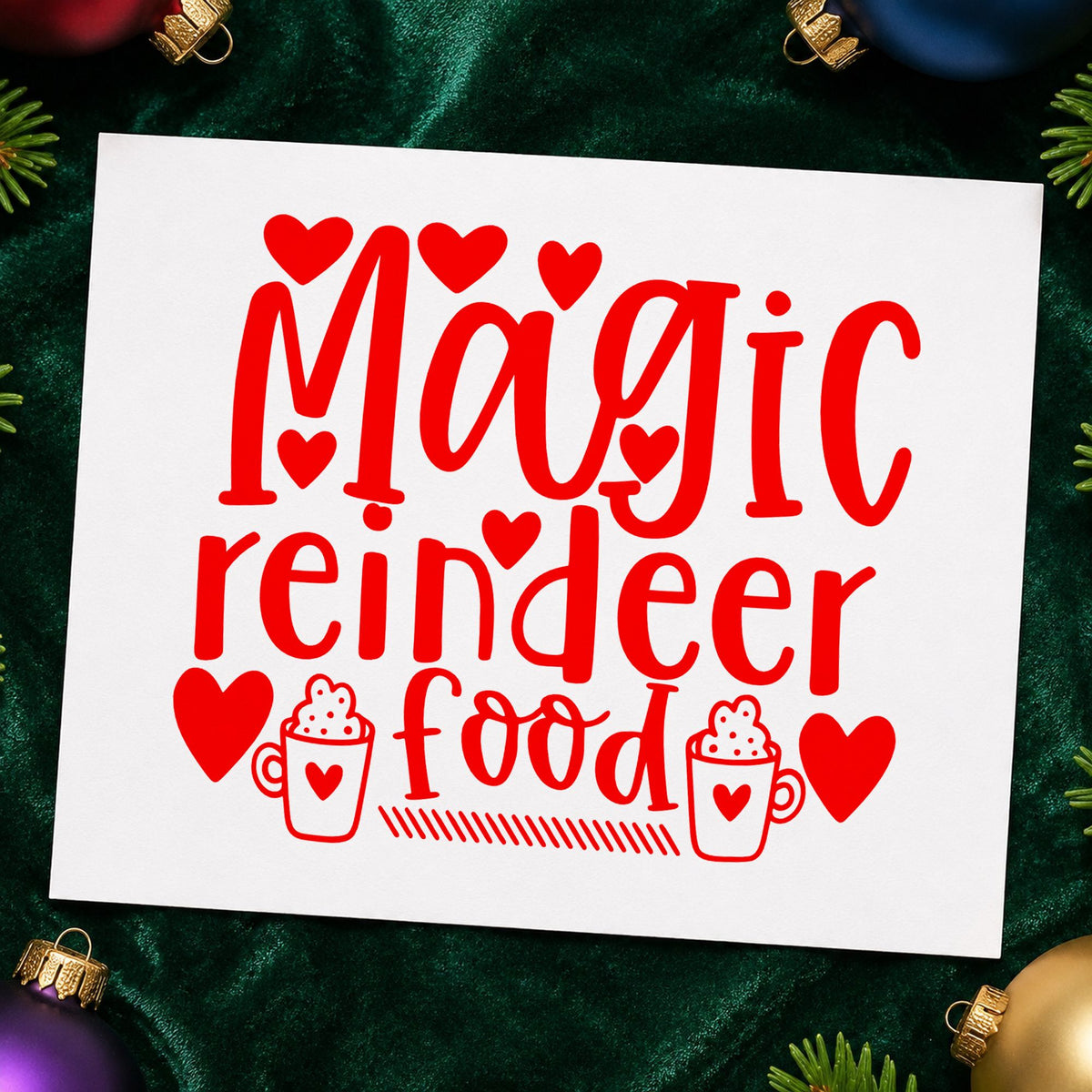 Magic Reindeer Food Hearts rubber stamp shown in red ink, stamped for projects such as scoop tub labels.