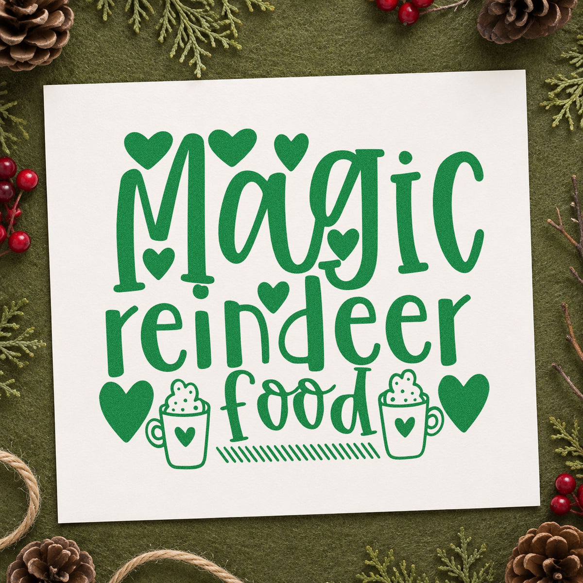 Magic Reindeer Food Hearts craft stamp imprint in green ink on a handmade project, one idea being guest step cards.