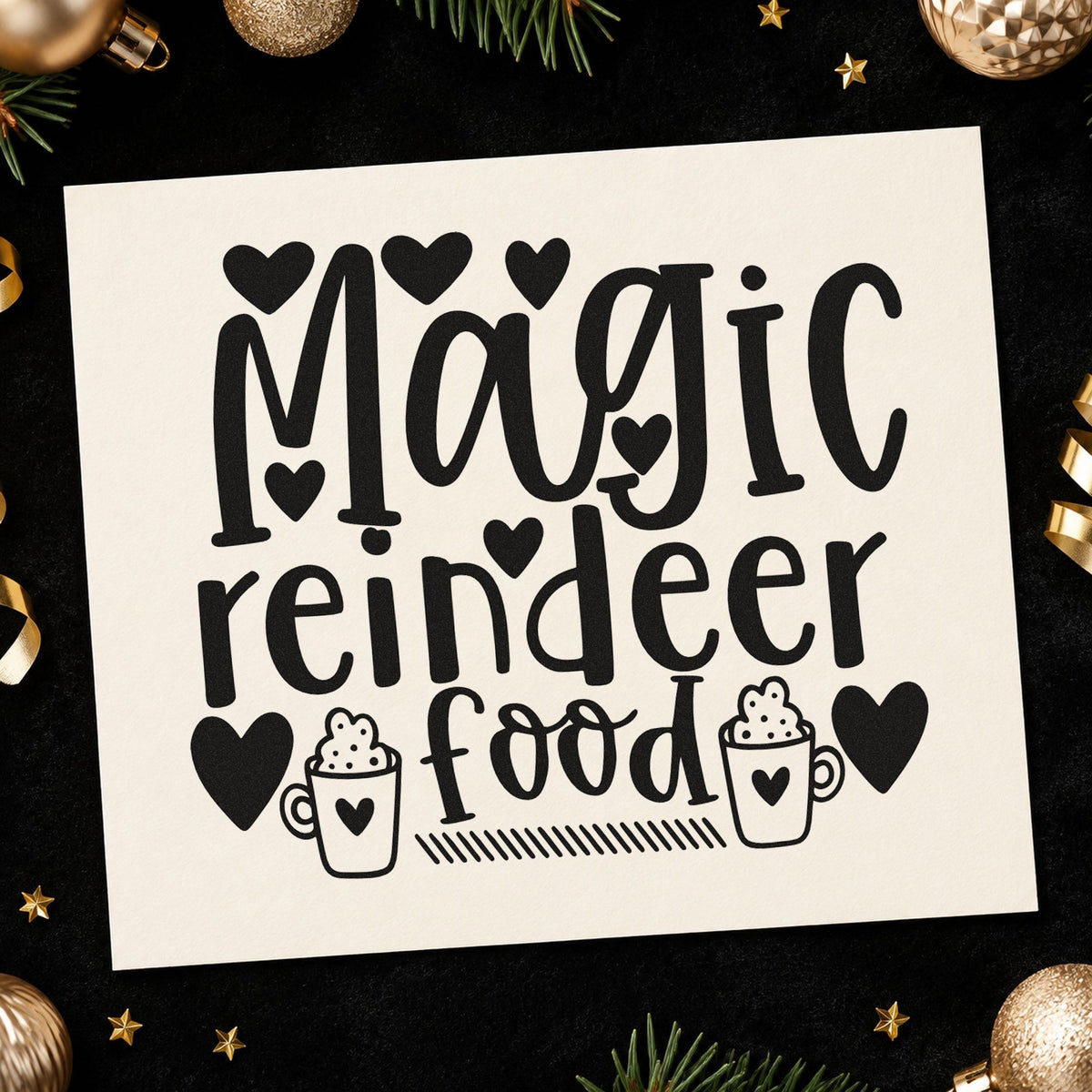 Magic Reindeer Food Hearts rubber stamp printed in black ink, ready for two mugs cards and similar paper crafts.
