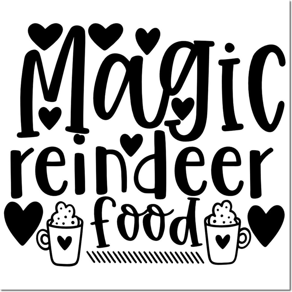 Magic reindeer food rubber stamp design with hearts and mugs, perfect for Christmas treat bag labels.