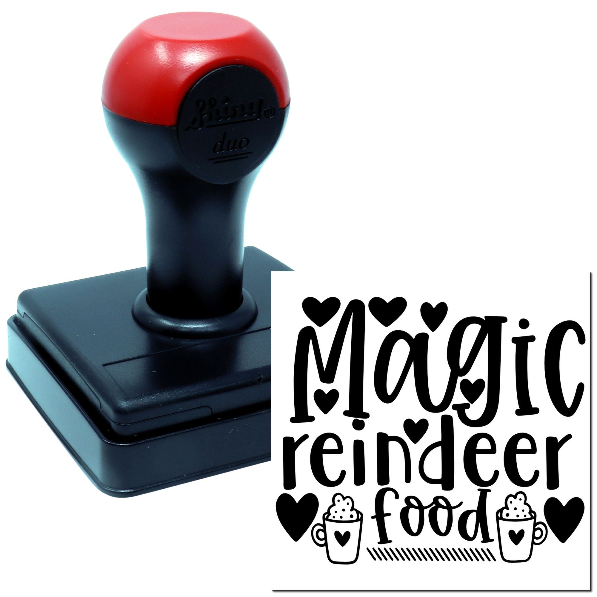Magic reindeer food rubber stamp design for Christmas crafts, gift tags, and holiday packaging with hearts and cup accents.