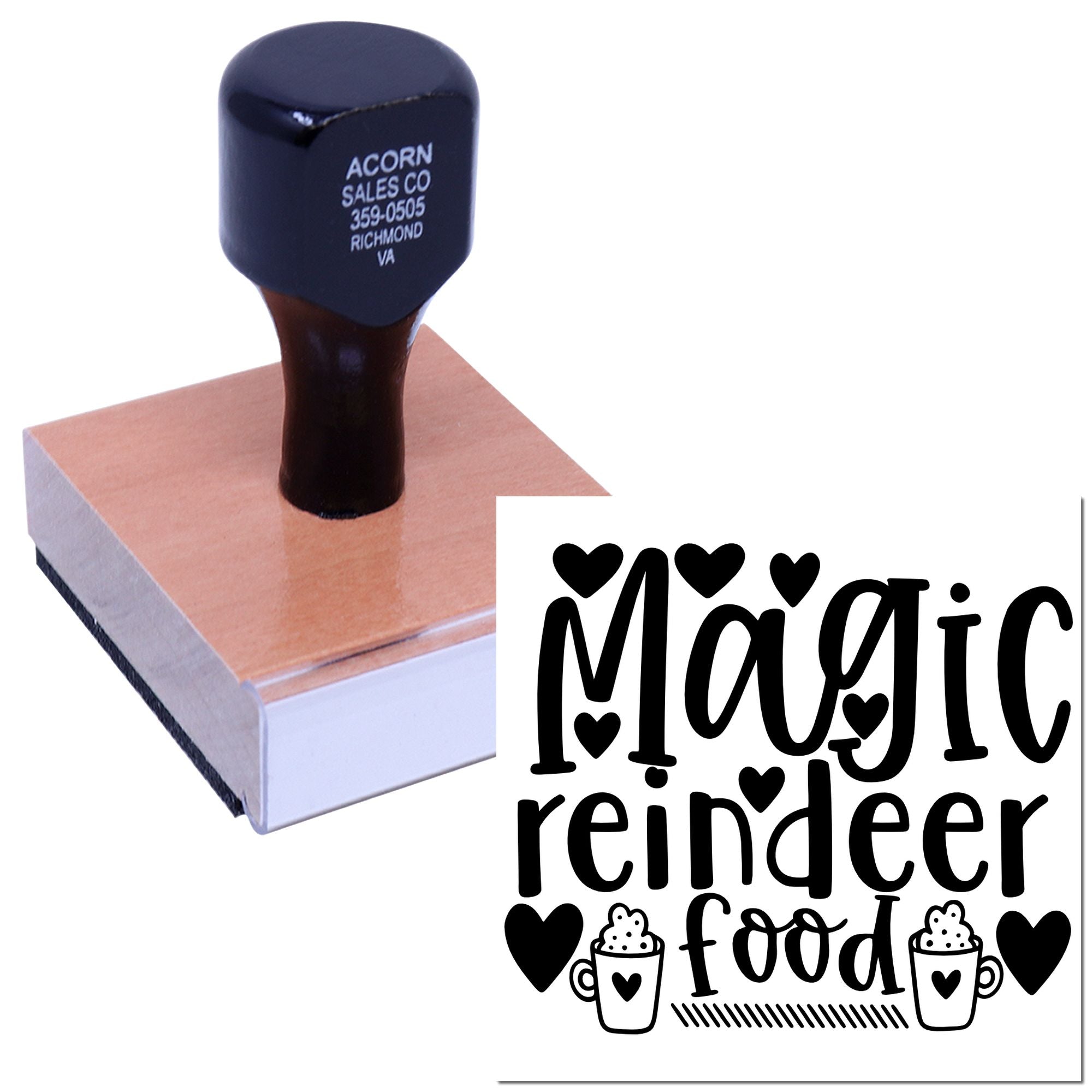 Custom rubber stamp for Magic Reindeer Food labels, featuring hearts and festive lettering on a wood-mounted stamp.