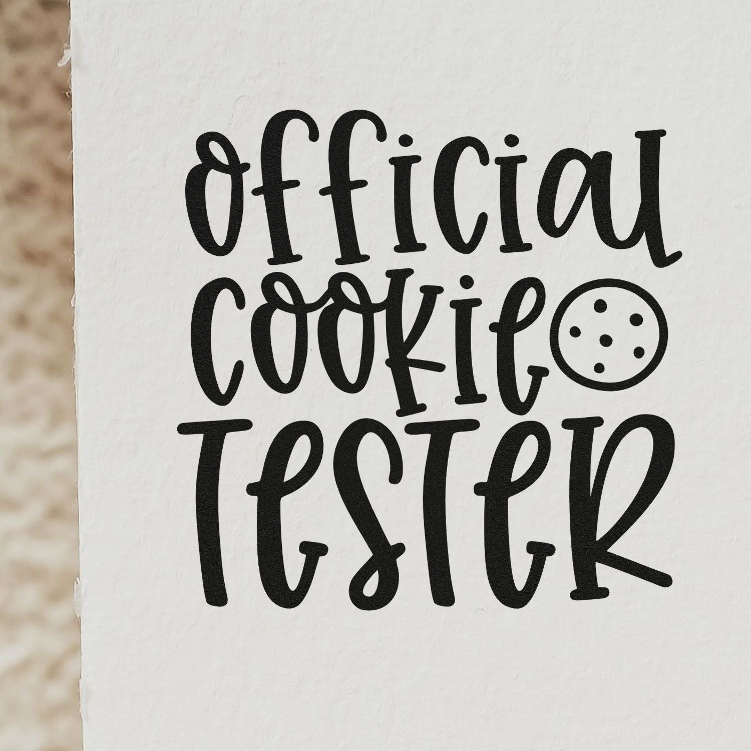 Official cookie tester rubber stamp design with cookie icon, perfect for bakeries, gifts, and custom stamp projects.