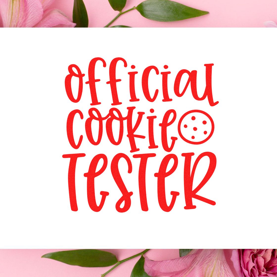 Official Cookie Tester rubber stamp for bakers and cookie lovers, with playful red lettering and cookie icon.