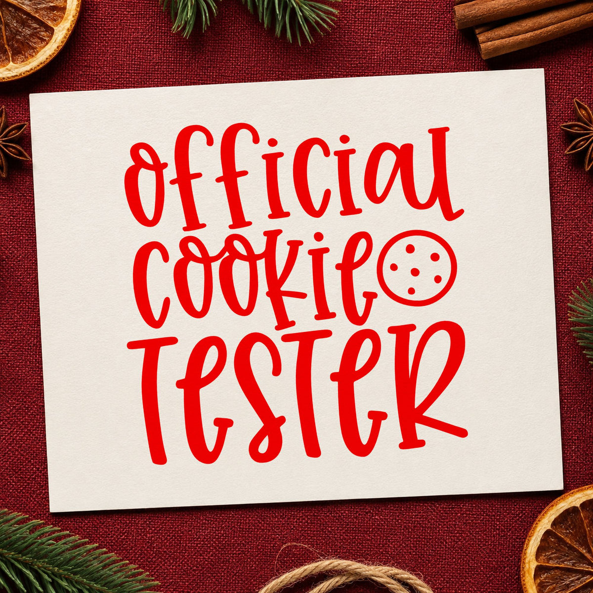 Official Cookie Tester Cookie craft stamp in red ink on cardstock, an easy option for sleeve length printing.