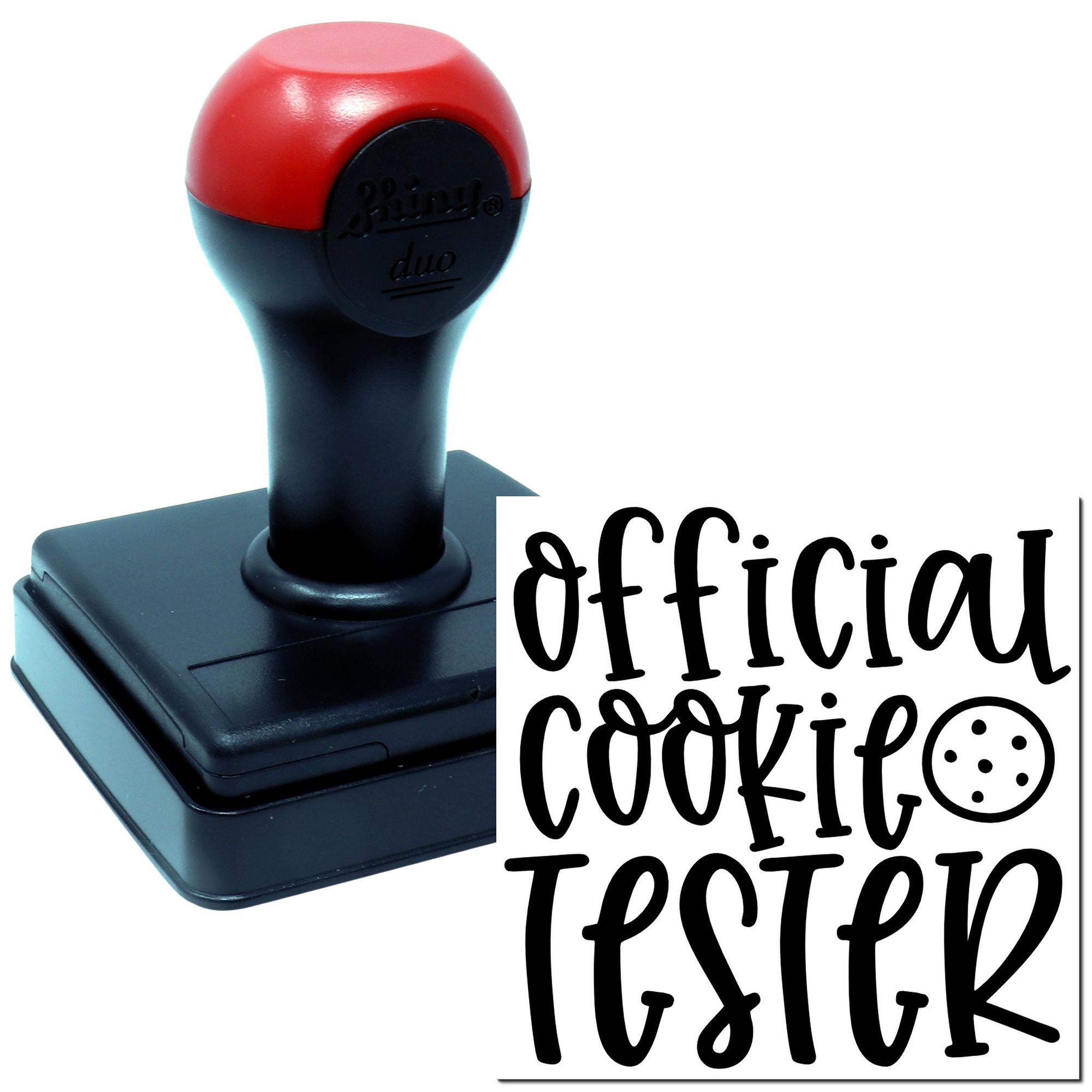 Self-inking official cookie tester rubber stamp for bakeries, featuring custom novelty text and cookie icon.