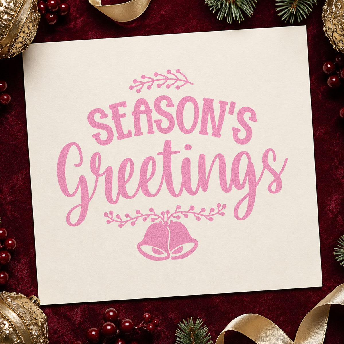 Season's Greetings Hanging Bells craft stamp in purple ink on cardstock, an easy option for chime craft album.