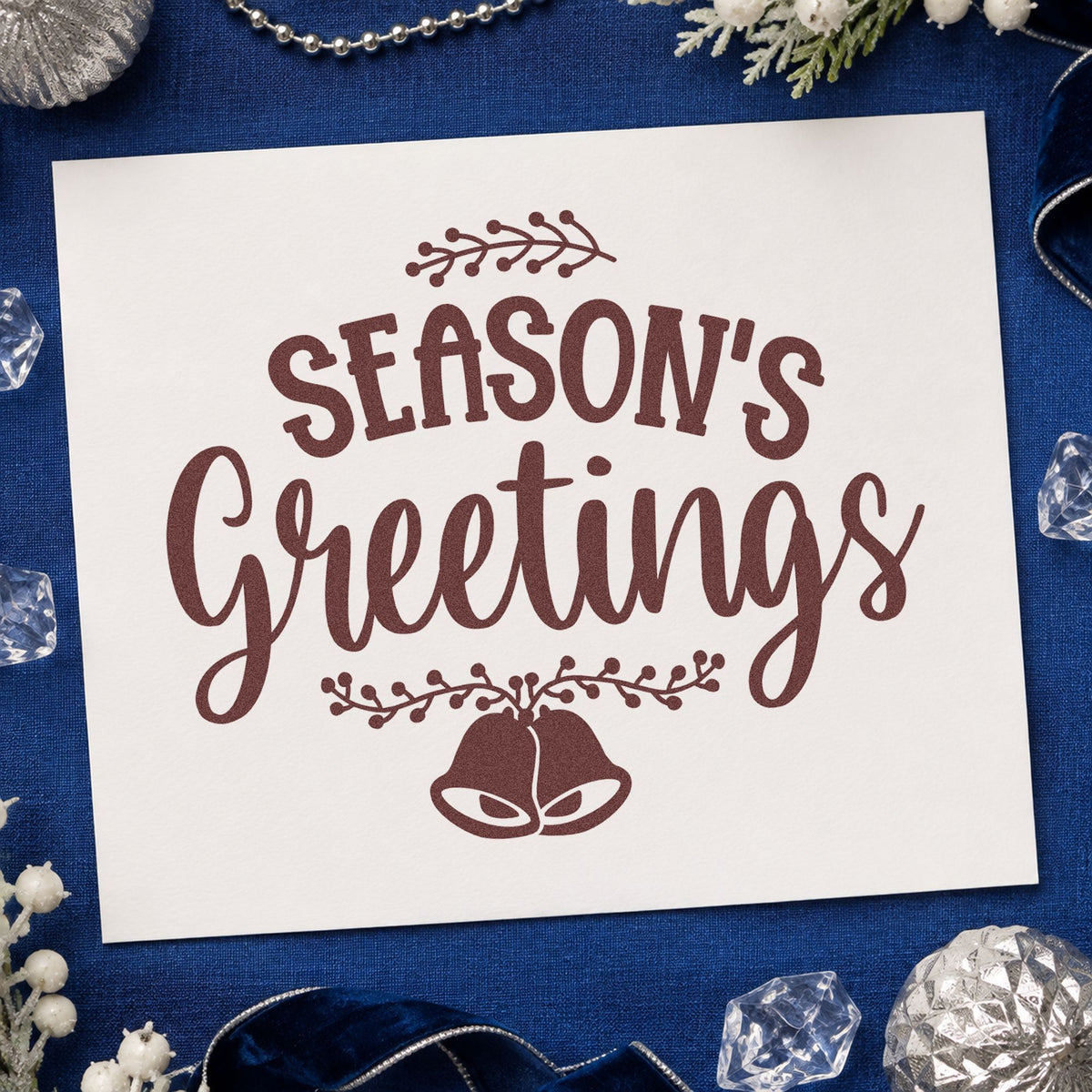 Season's Greetings Hanging Bells rubber stamp printed in brown ink, ready for footer rule sheet and similar paper crafts.