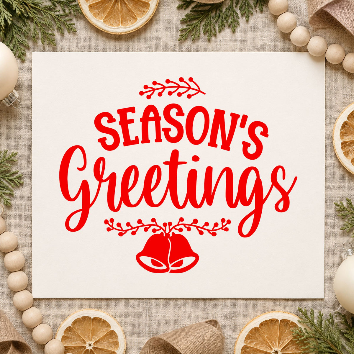 Season's Greetings Hanging Bells craft stamp in red ink on cardstock, an easy option for valance hem printing.