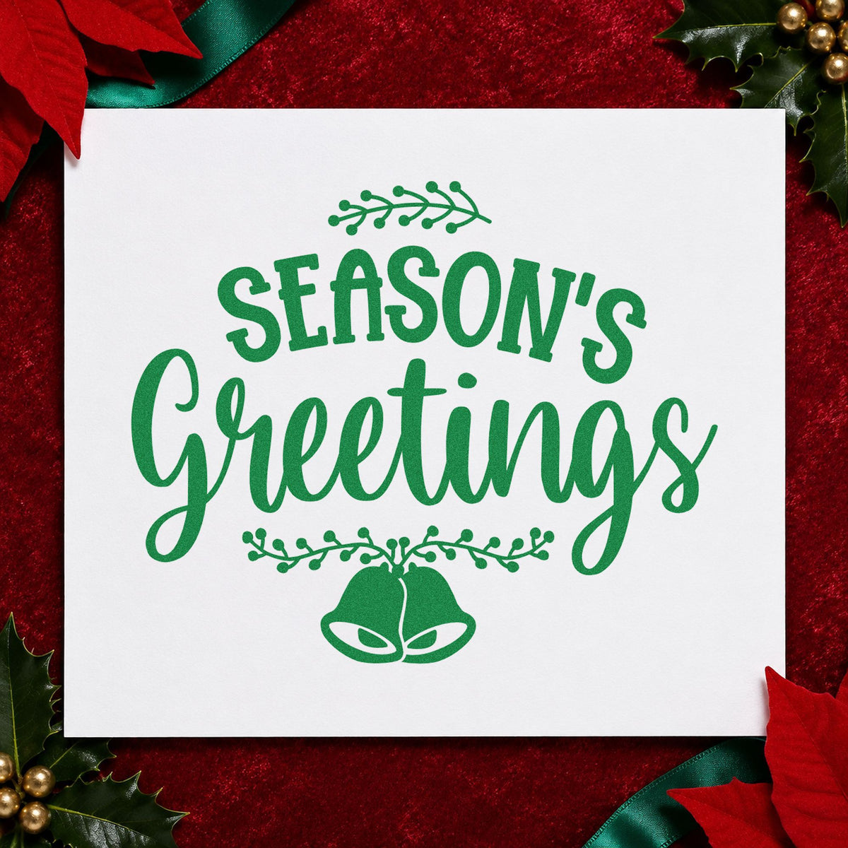 Season's Greetings Hanging Bells craft stamp imprinted in green ink on paper, a design suited to framed under shelf.