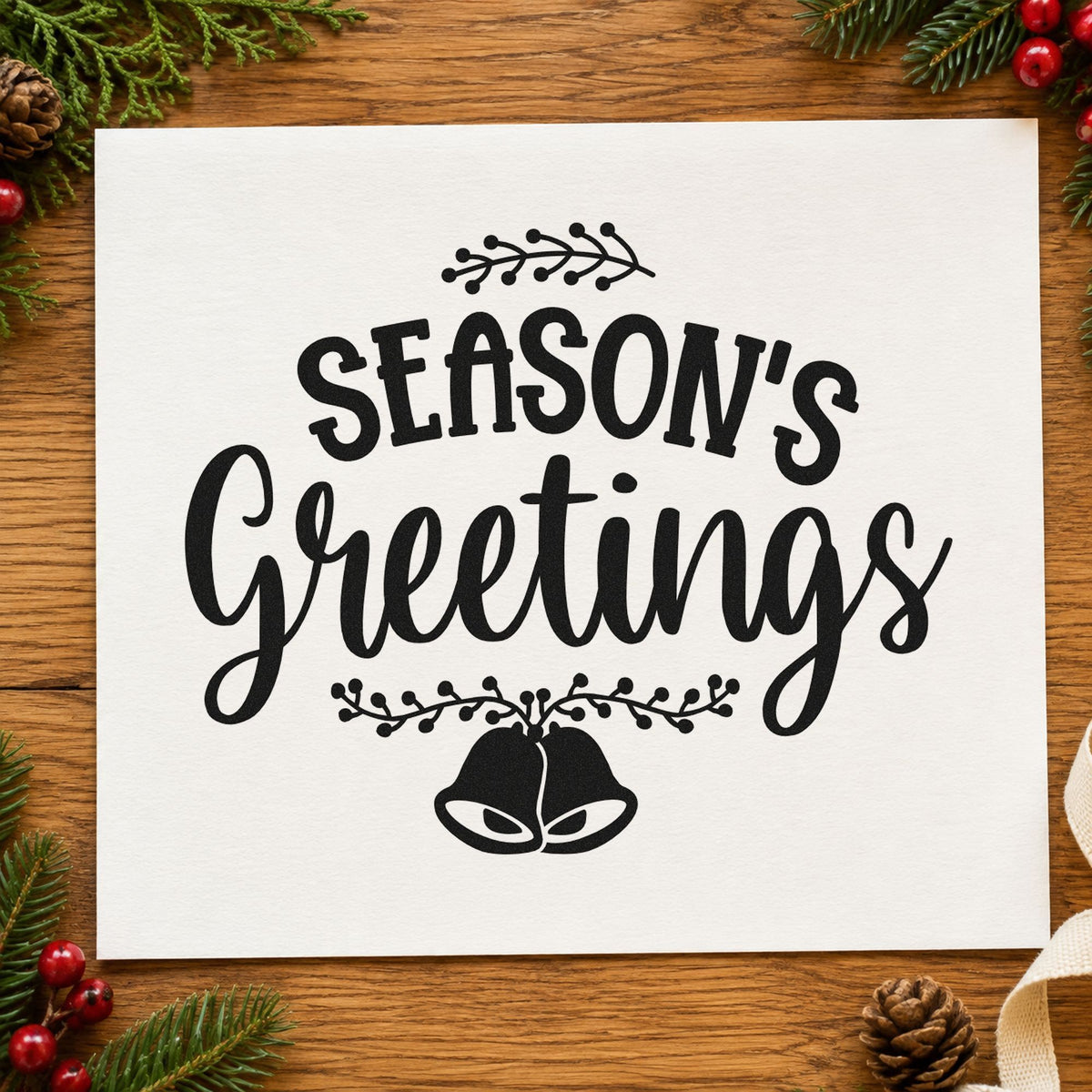Season's Greetings Hanging Bells rubber stamp printed in black ink, ready for bells below cards and similar paper crafts.