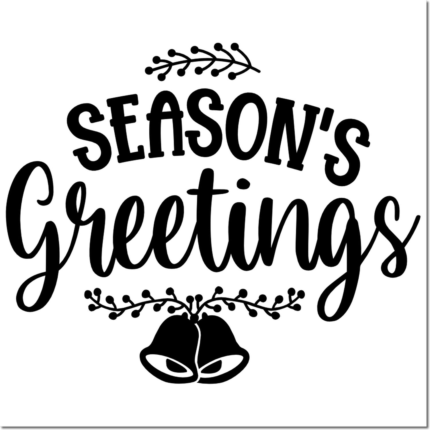 Season's Greetings holiday rubber stamp design with bells and decorative branches for festive cards and crafts