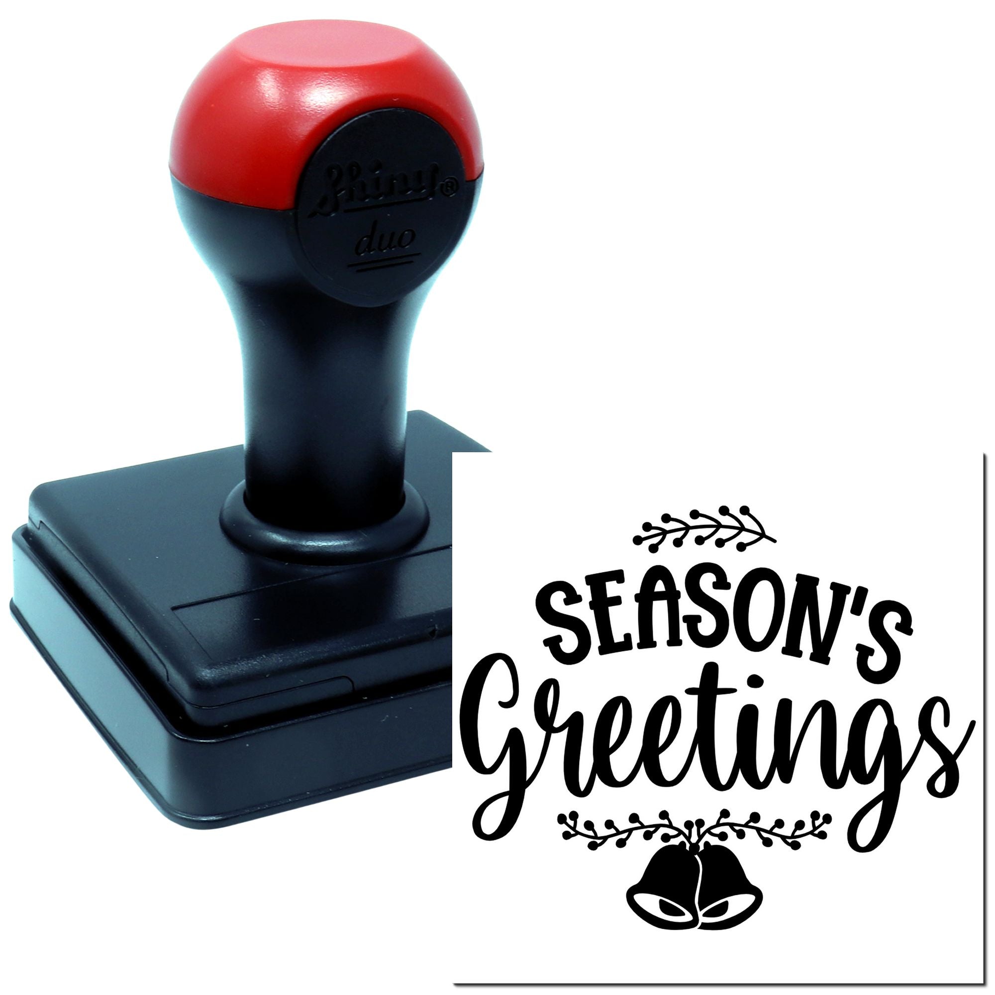 Self-inking rubber stamp with Seasons Greetings holiday design and bells for Christmas cards and gift packaging.