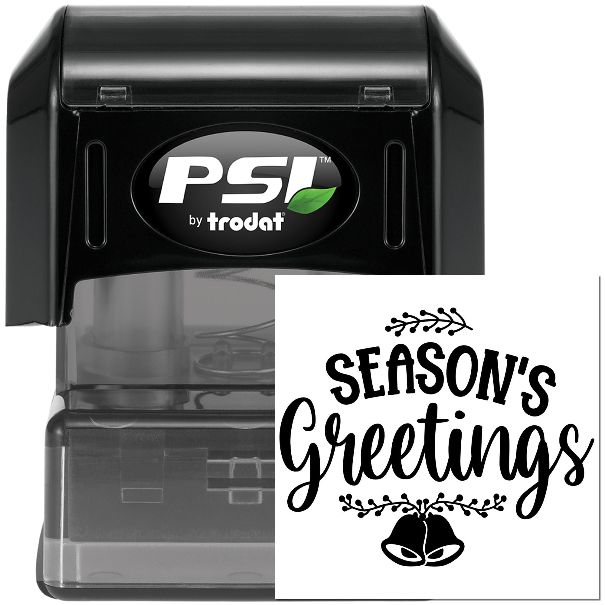 PSI by Trodat self-inking rubber stamp with Season's Greetings holiday message and bells design