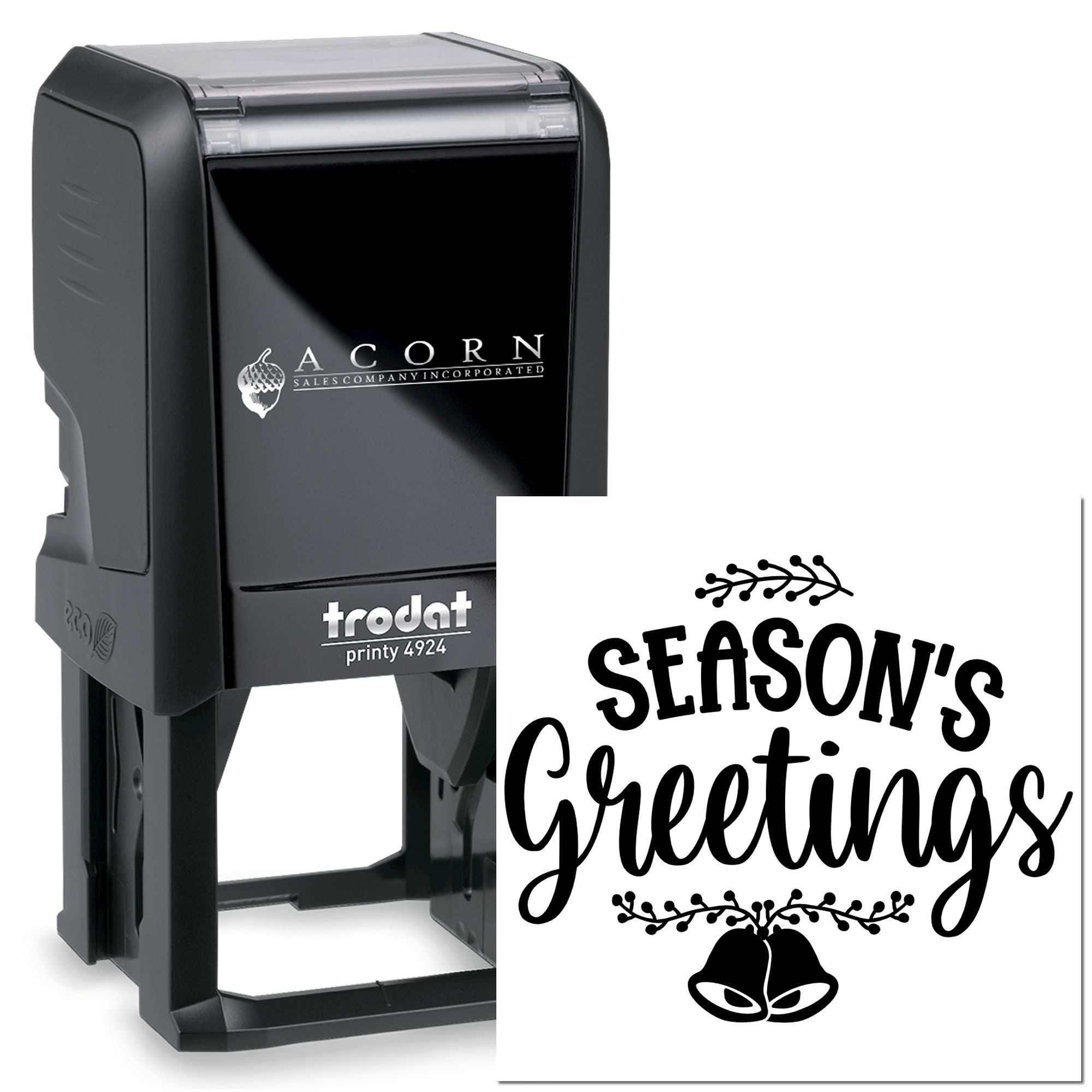Custom self-inking rubber stamp with Seasons Greetings design for holiday cards, crafts, and business mailings.