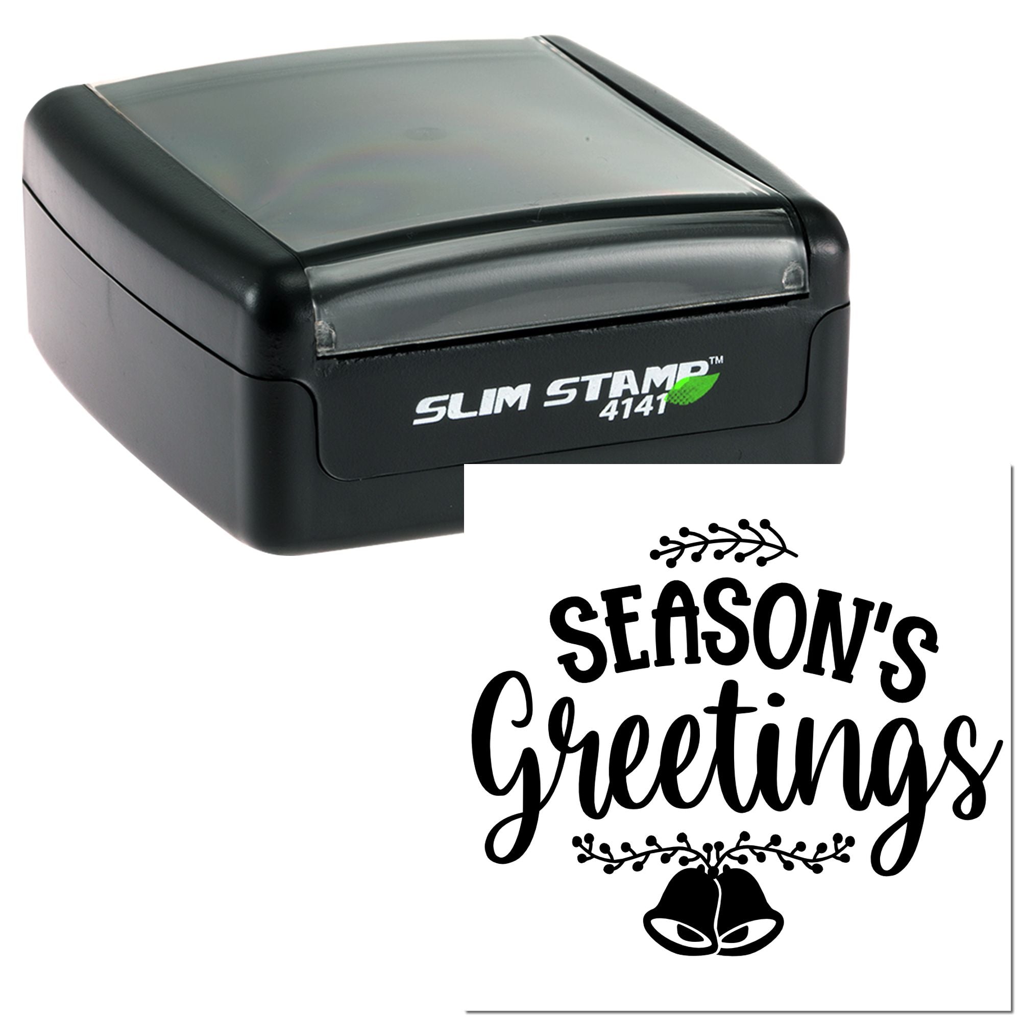 Black self-inking rubber stamp with custom Seasons Greetings holiday design and bells for festive cards, crafts, and mail.