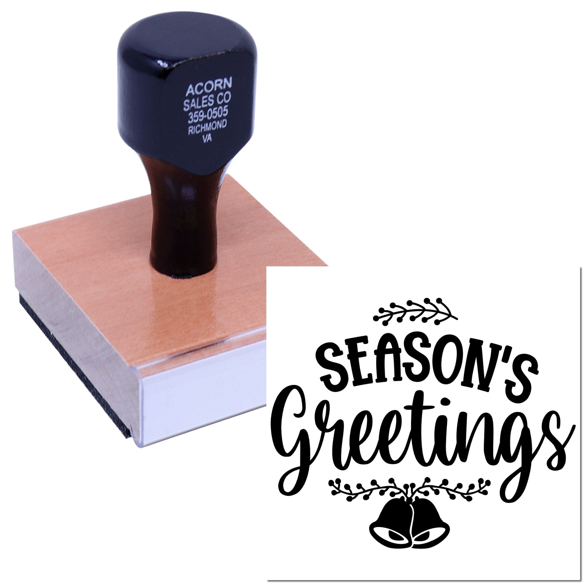 Custom holiday rubber stamp with Seasons Greetings and bells, ideal for festive greeting cards and crafts.