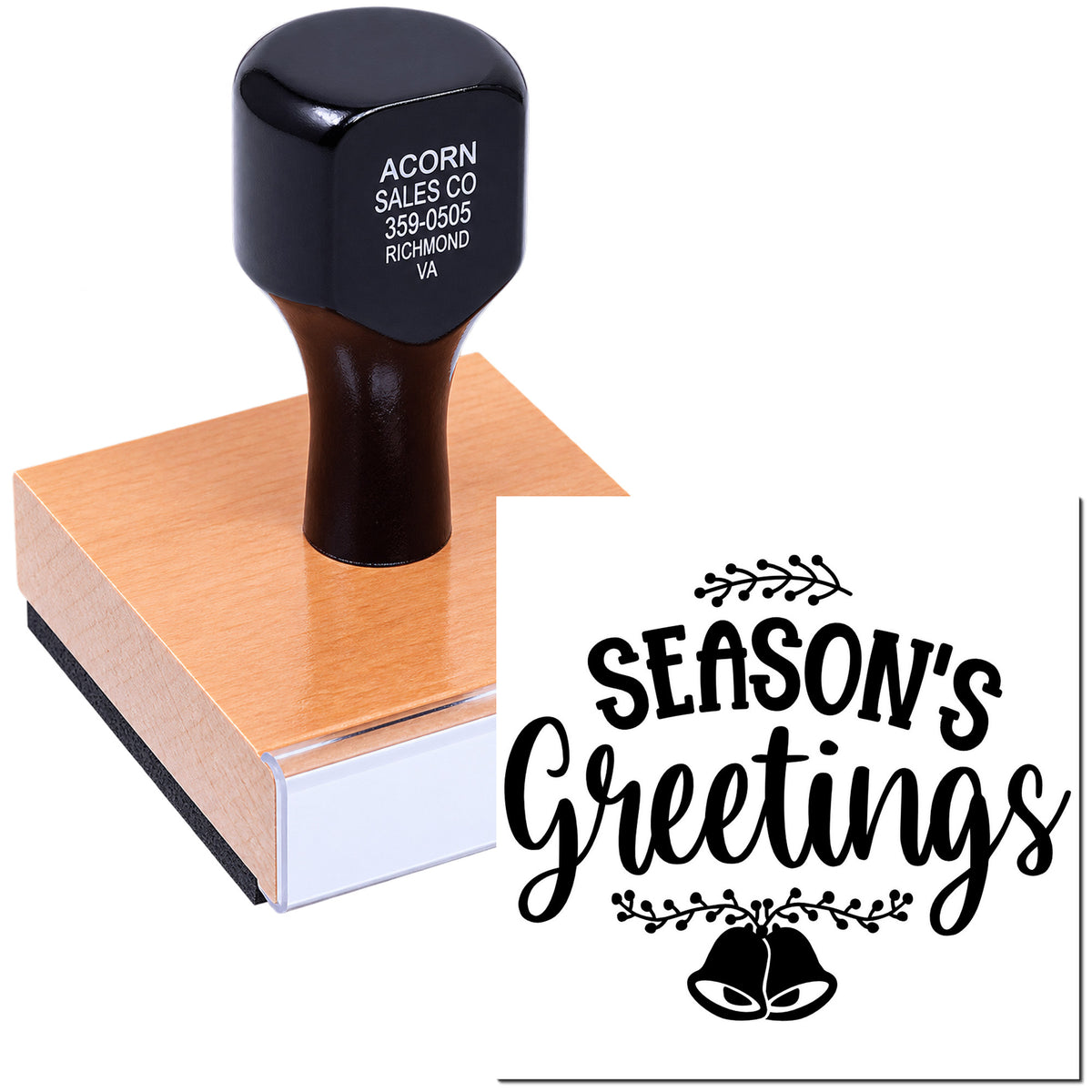 Custom holiday rubber stamp with Seasons Greetings and bells, ideal for festive greeting cards and crafts.