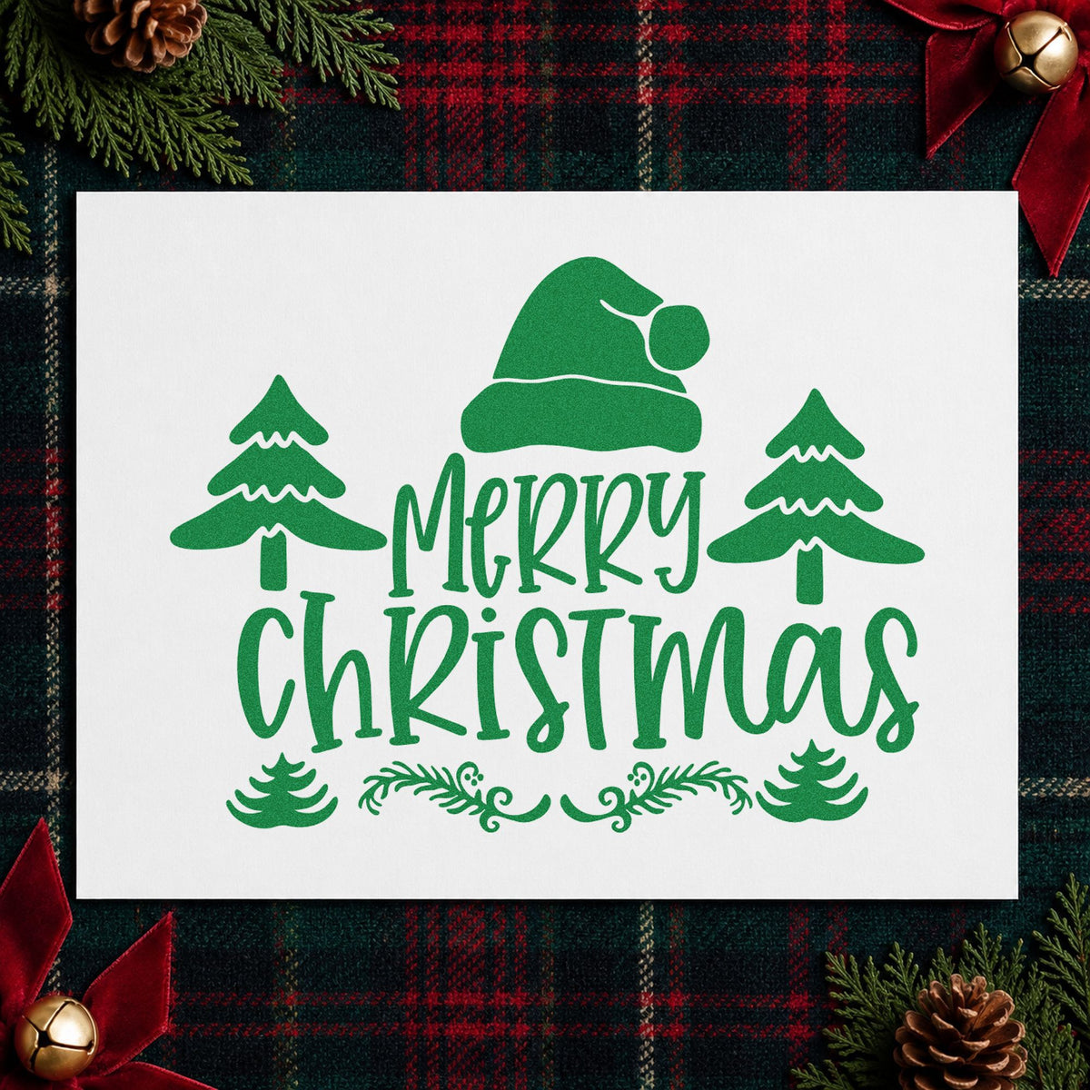 Merry Christmas Hat Trees craft stamp imprint in green ink on a handmade project, one idea being enclosed gift tags.