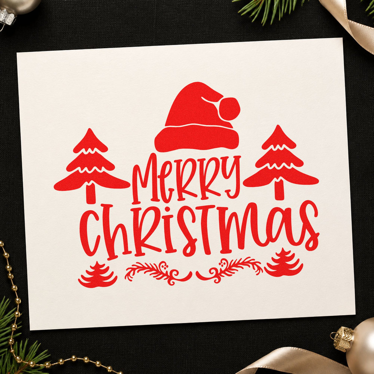 Merry Christmas Hat Trees craft stamp in red ink on cardstock, an easy option for pillow border printing.
