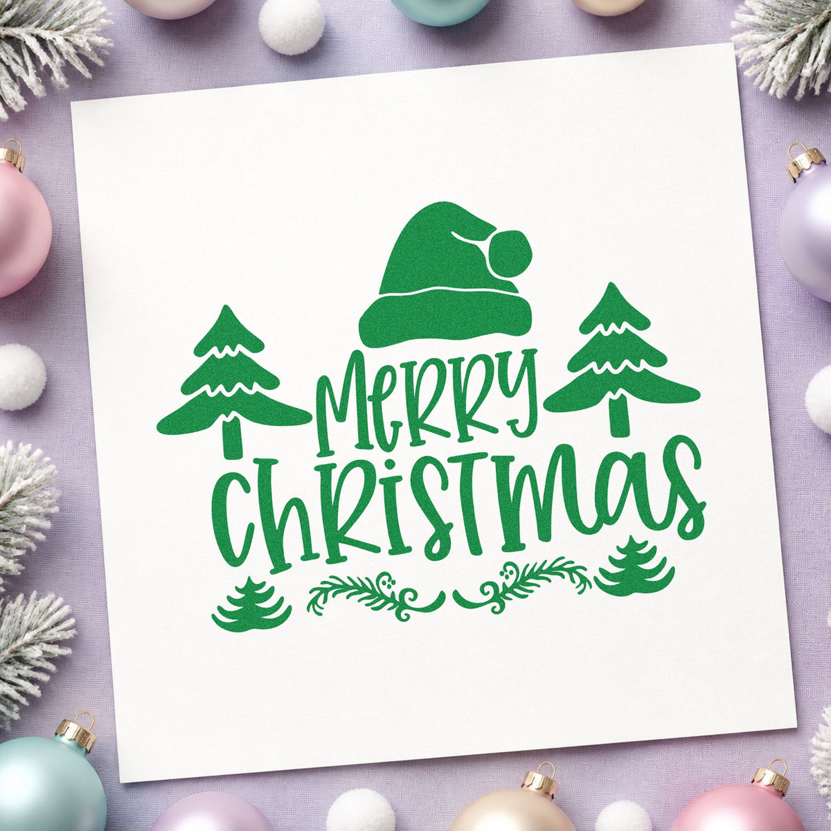 Merry Christmas Hat Trees craft stamp imprinted in green ink on paper, a design suited to framed full border.