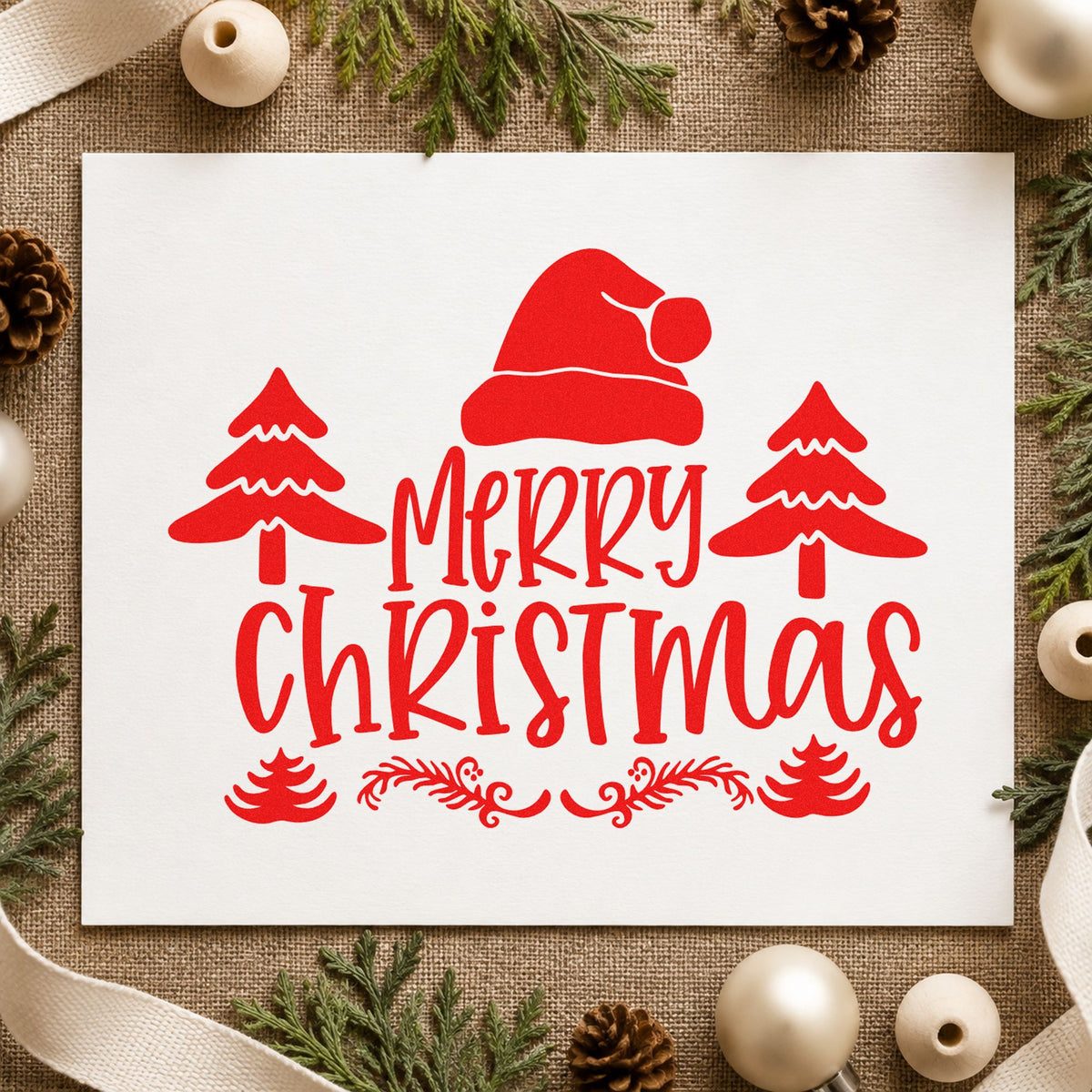 Merry Christmas Hat Trees rubber stamp shown in red ink, stamped for projects such as crate panel labels.