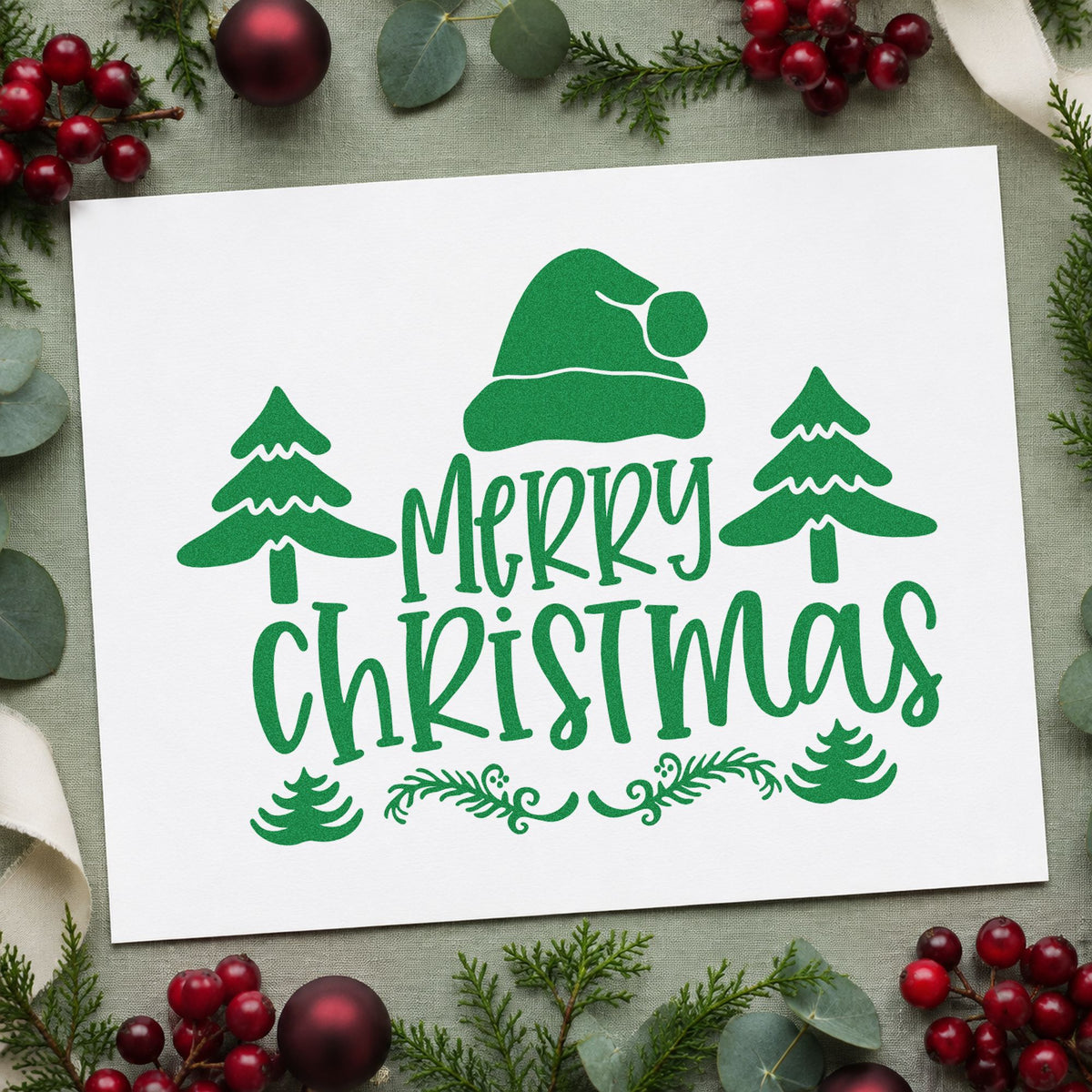 Merry Christmas Hat Trees craft stamp imprint in green ink on a handmade project, one idea being place setting cards.