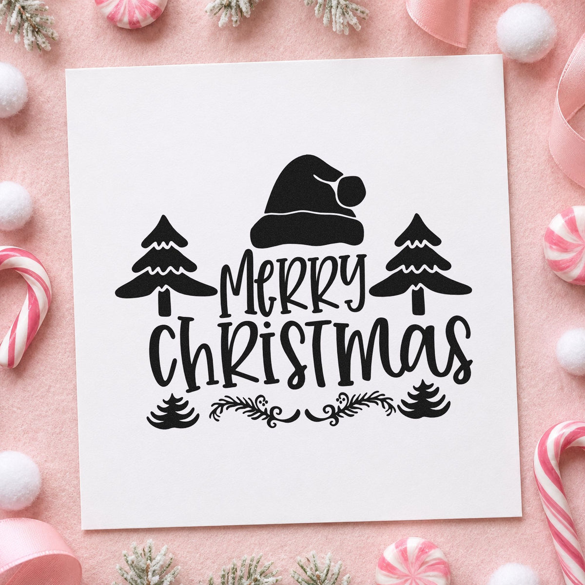 Merry Christmas Hat Trees rubber stamp printed in black ink, ready for trees both ways cards and similar paper crafts.
