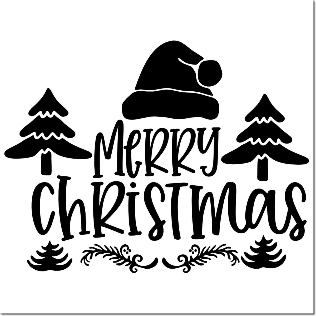 Merry Christmas rubber stamp design with Santa hat, pine trees, and festive holiday accents.
