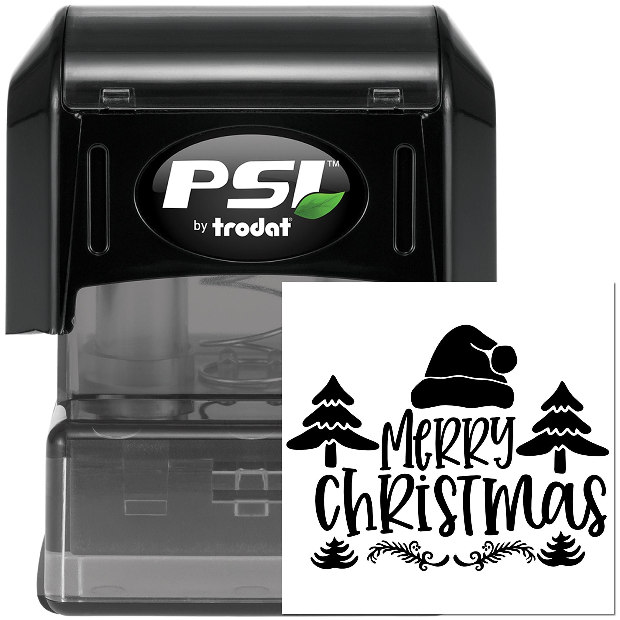 Self-inking Merry Christmas rubber stamp by PSI Trodat with Santa hat and pine trees for holiday cards and packaging
