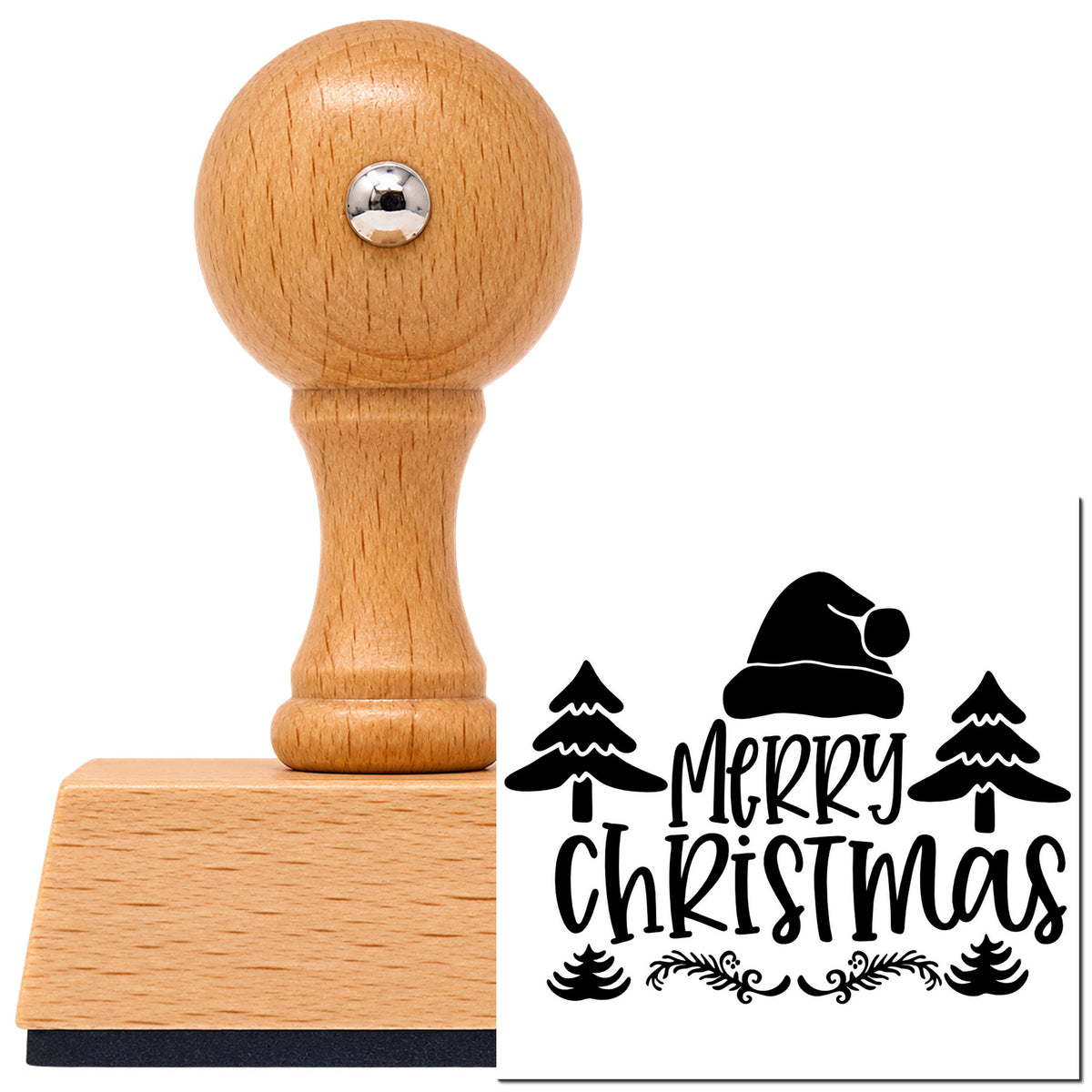 Merry Christmas Hat Trees Pine Motif Vintage Pro rubber stamp in European beech wood with a round knob handle, shown beside its black imprint.