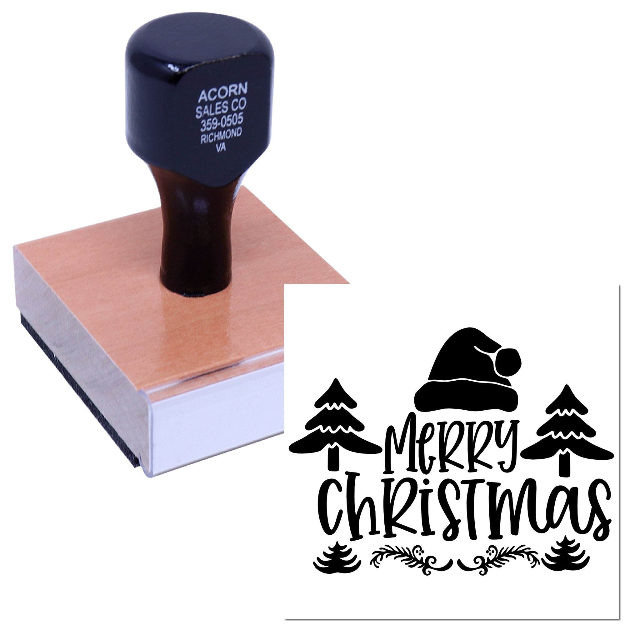 Merry Christmas rubber stamp with Santa hat and pine trees for holiday cards, crafts and custom stamping.